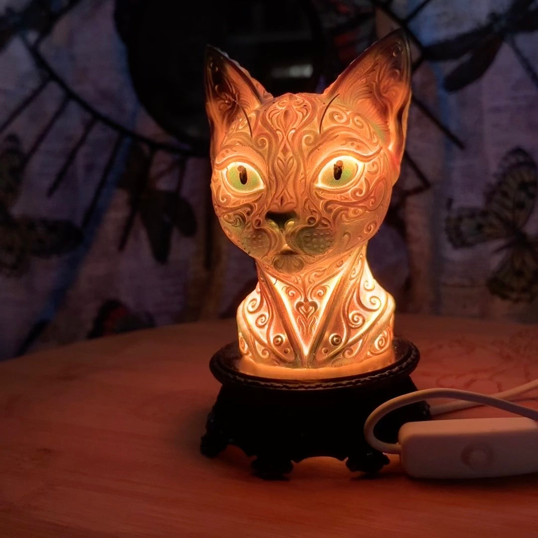 Cat RGB LED USB Light Airbrushed 3D Printed Resin on Intricate Regal Base