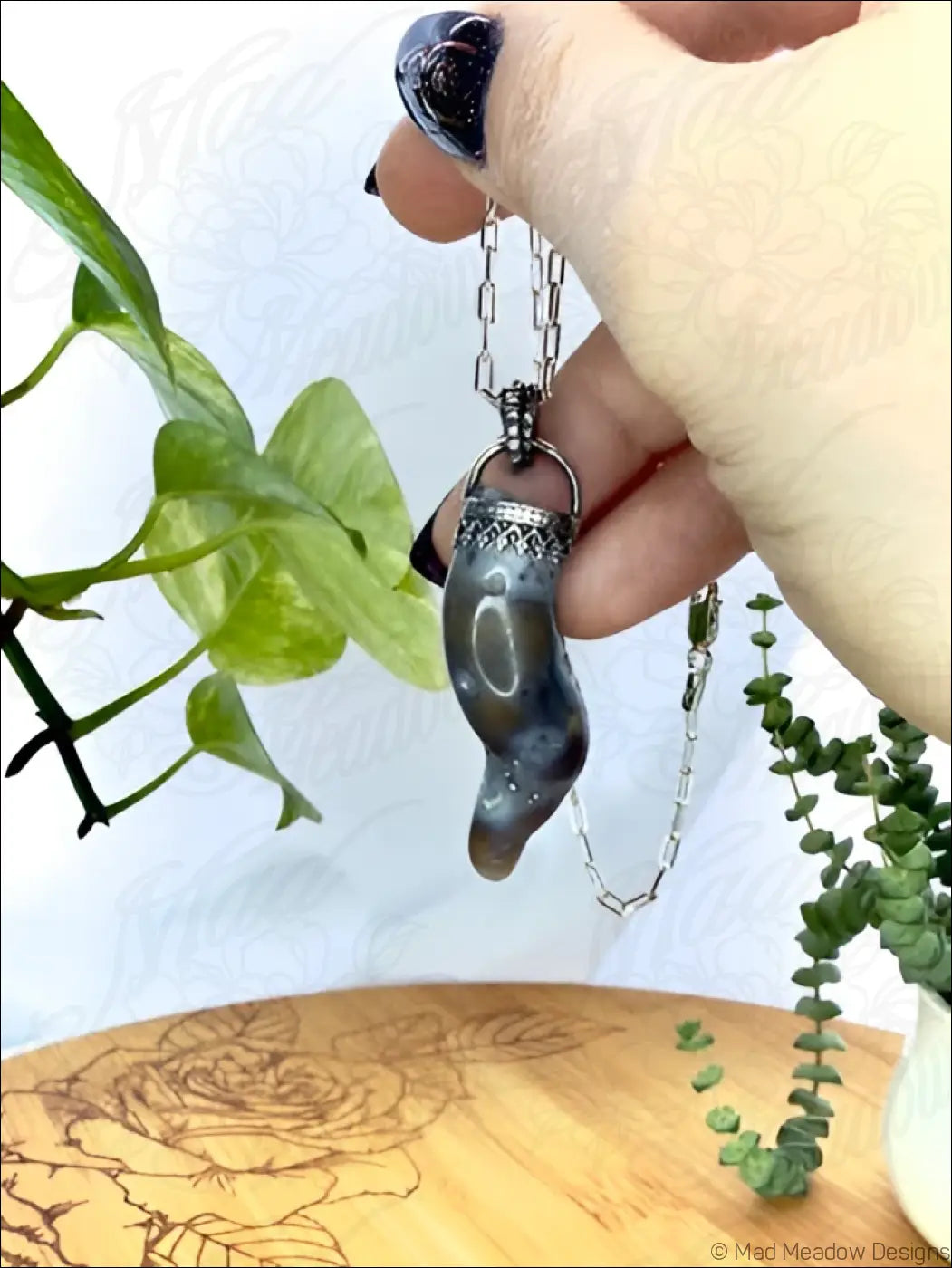 Agatized Coral Tentacle Pendant on 18’’ Sterling Silver Cable Chain Necklace - Jewelry