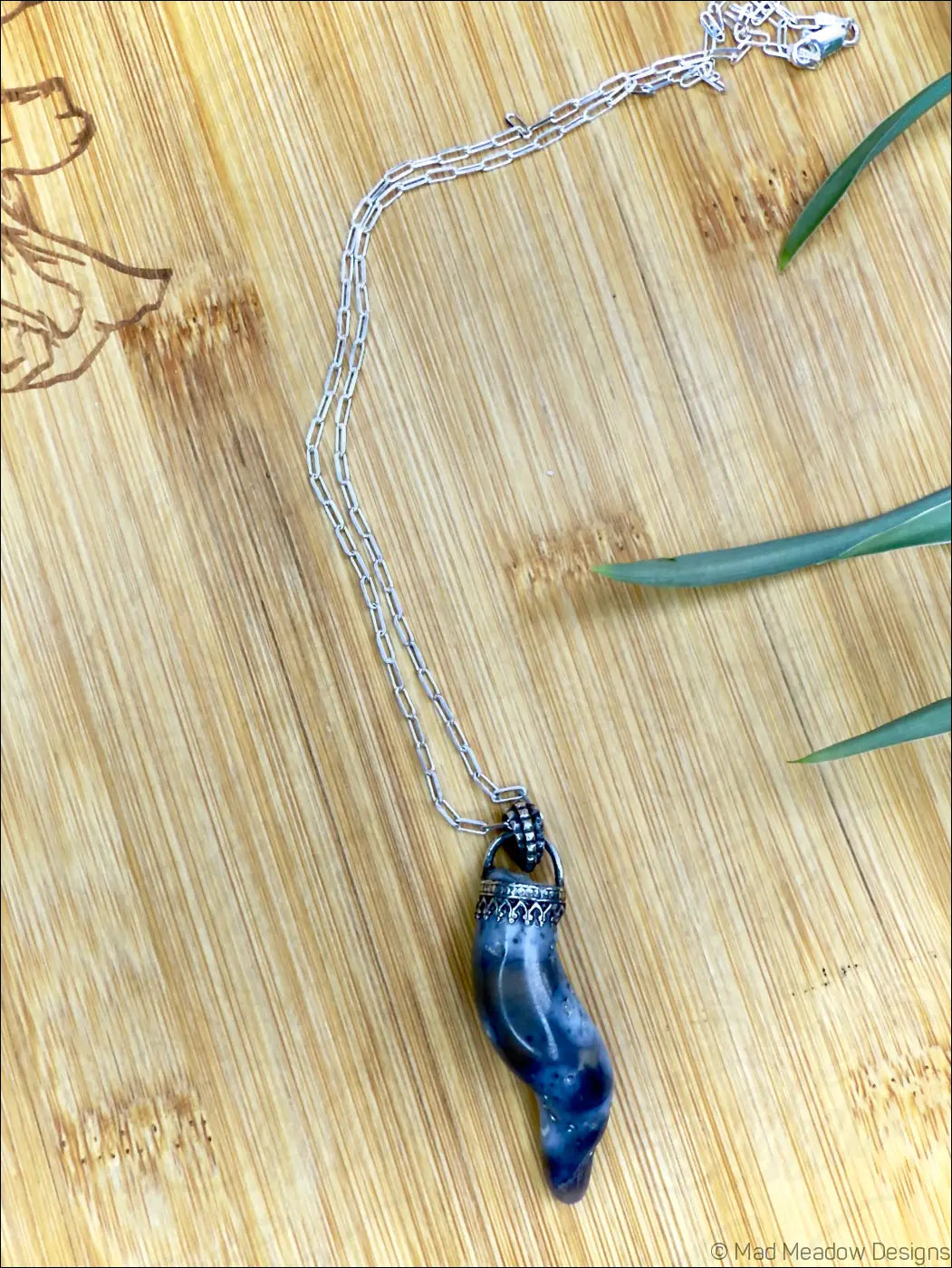 Agatized Coral Tentacle Pendant on 18’’ Sterling Silver Cable Chain Necklace - Jewelry