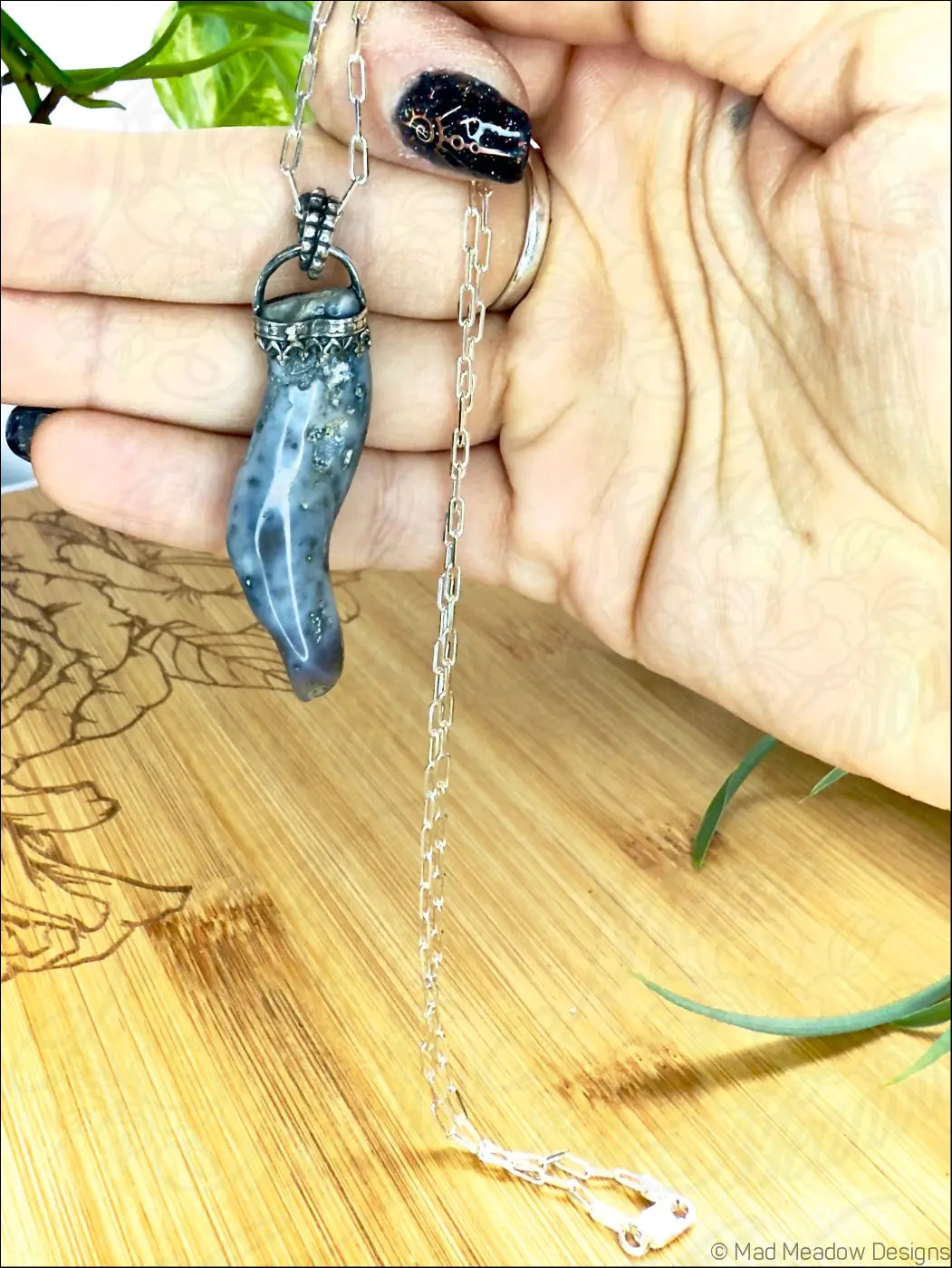 Agatized Coral Tentacle Pendant on 18’’ Sterling Silver Cable Chain Necklace - Jewelry