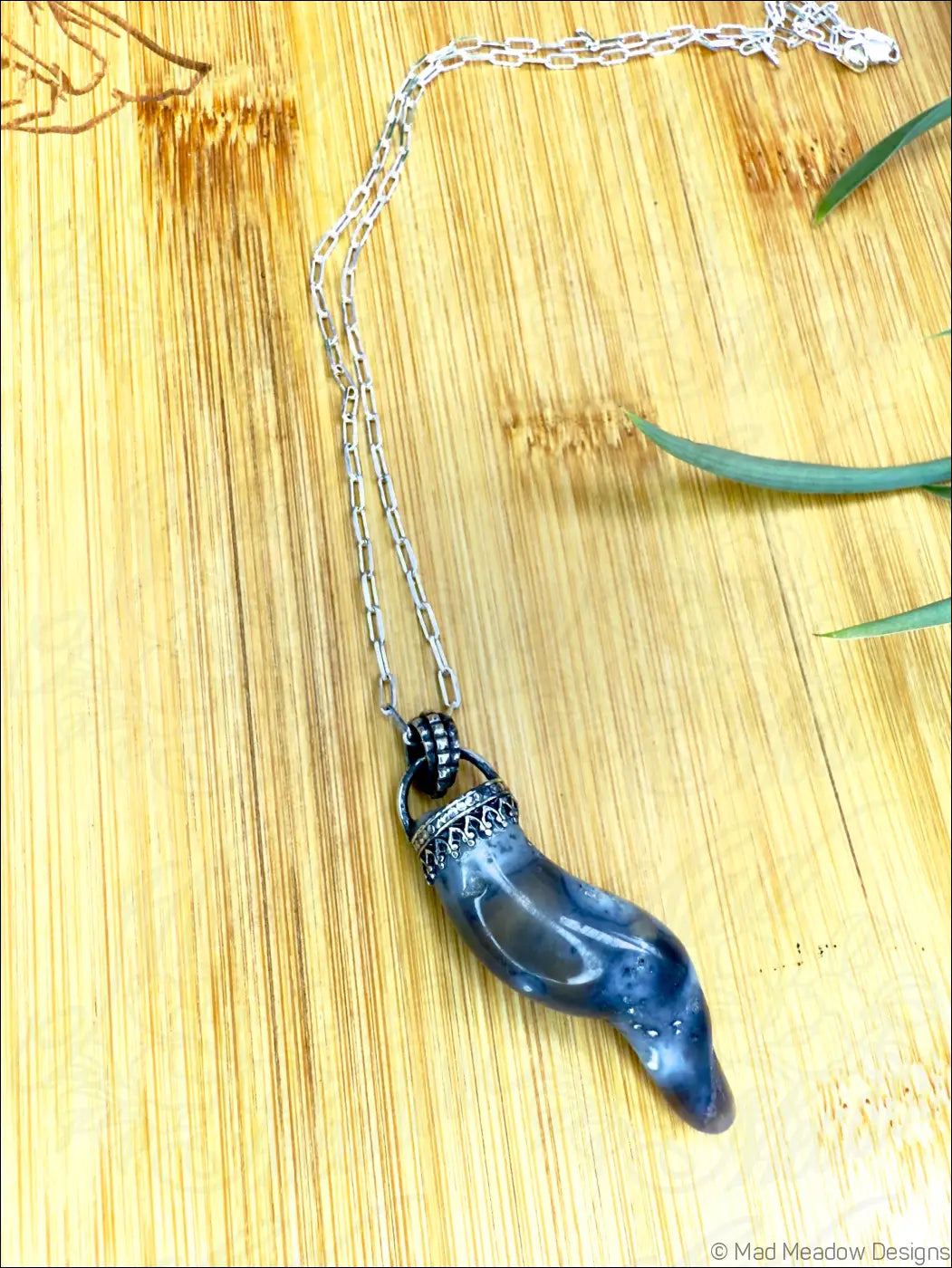 Agatized Coral Tentacle Pendant on 18’’ Sterling Silver Cable Chain Necklace - Jewelry