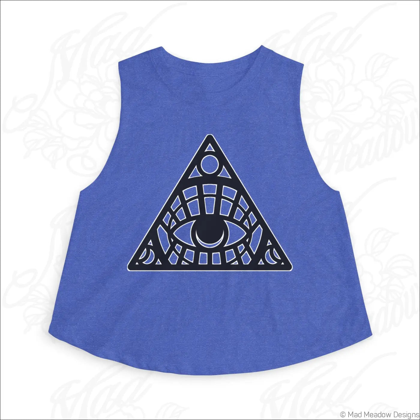 All-Seeing Eye Triangle Crop Top, Mystical Graphic Women’s Tank - S / Heather True Royal - Tank Top