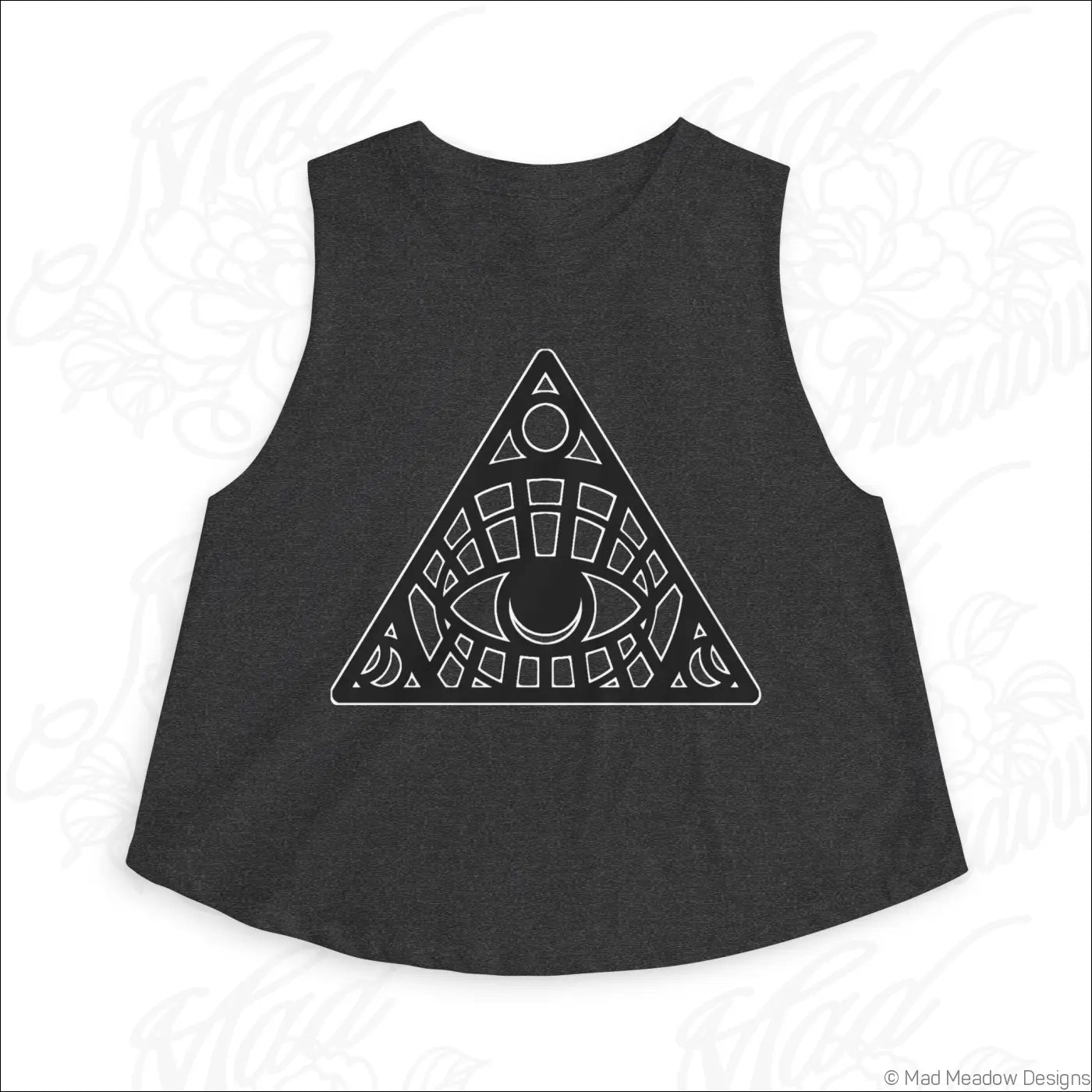 All-Seeing Eye Triangle Crop Top, Mystical Graphic Women’s Tank - S / Dark Grey Heather - Tank Top