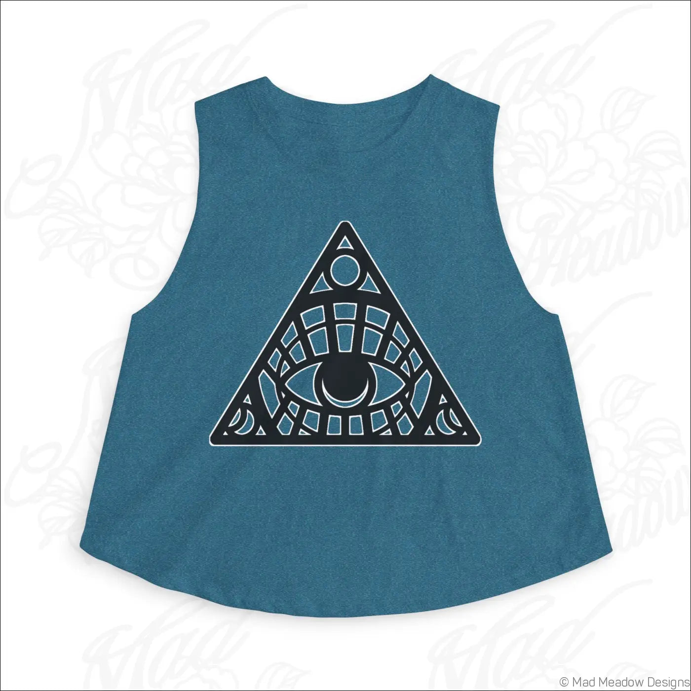 All-Seeing Eye Triangle Crop Top, Mystical Graphic Women’s Tank - S / Heather Deep Teal - Tank Top