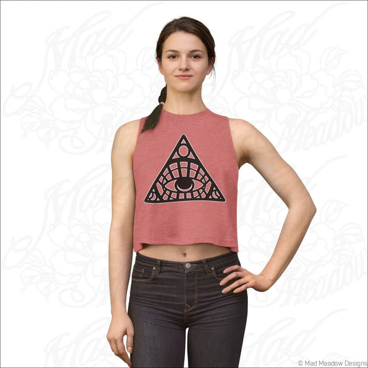All-Seeing Eye Triangle Crop Top, Mystical Graphic Women’s Tank - S / Heather Mauve - Tank Top