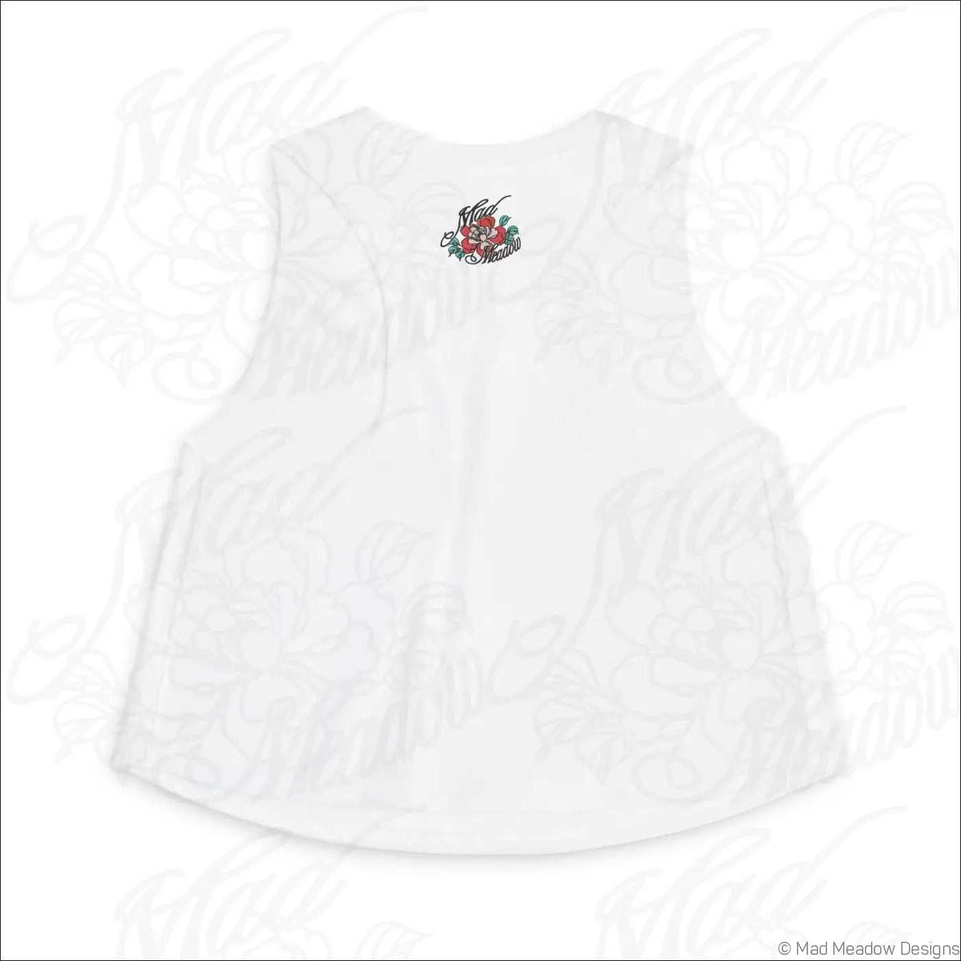 White sleeveless all-seeing eye triangle crop top with embroidered rose on back made of soft combed ring-spun cotton