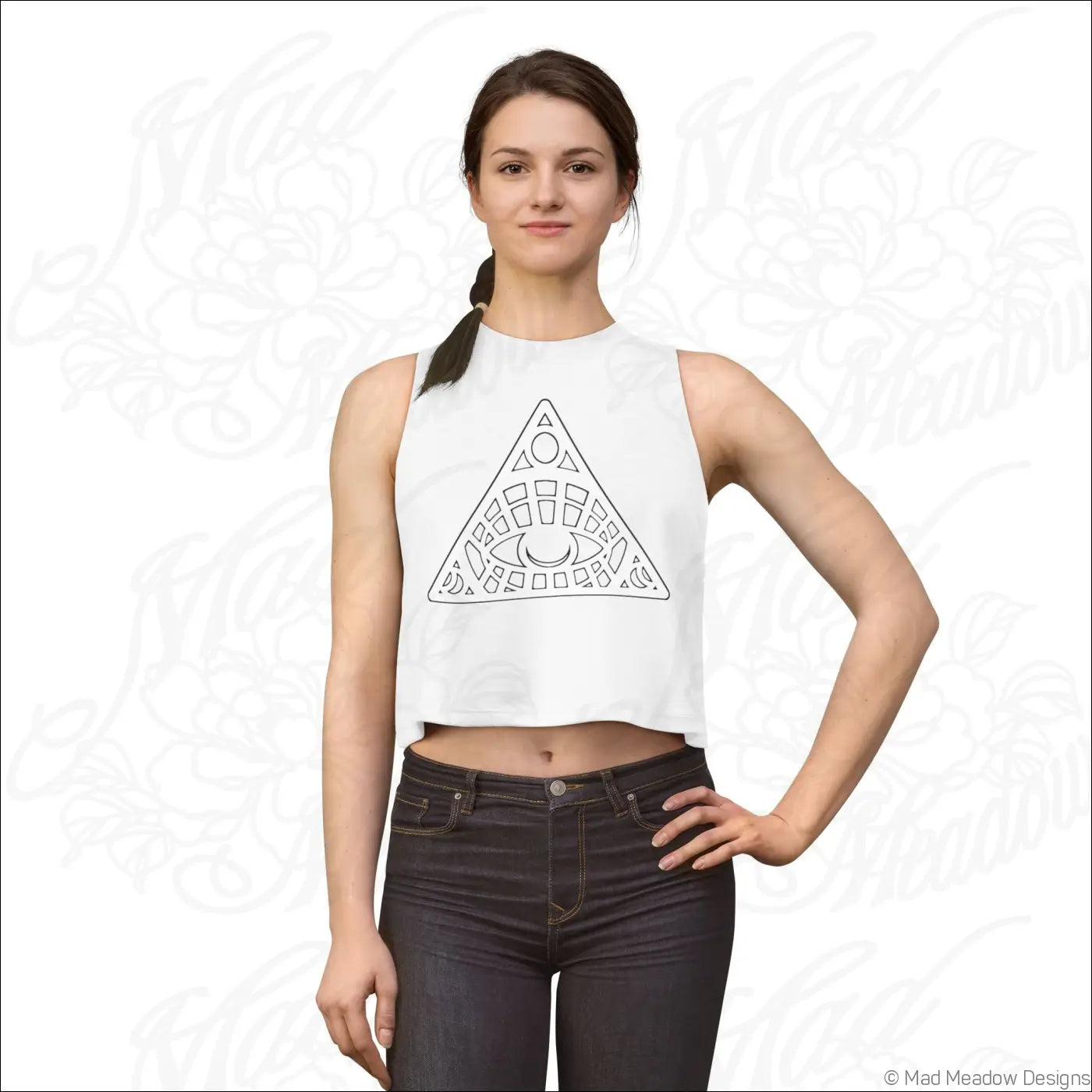 White sleeveless crop top with black outlined all-seeing eye triangle design made from soft combed ring-spun cotton
