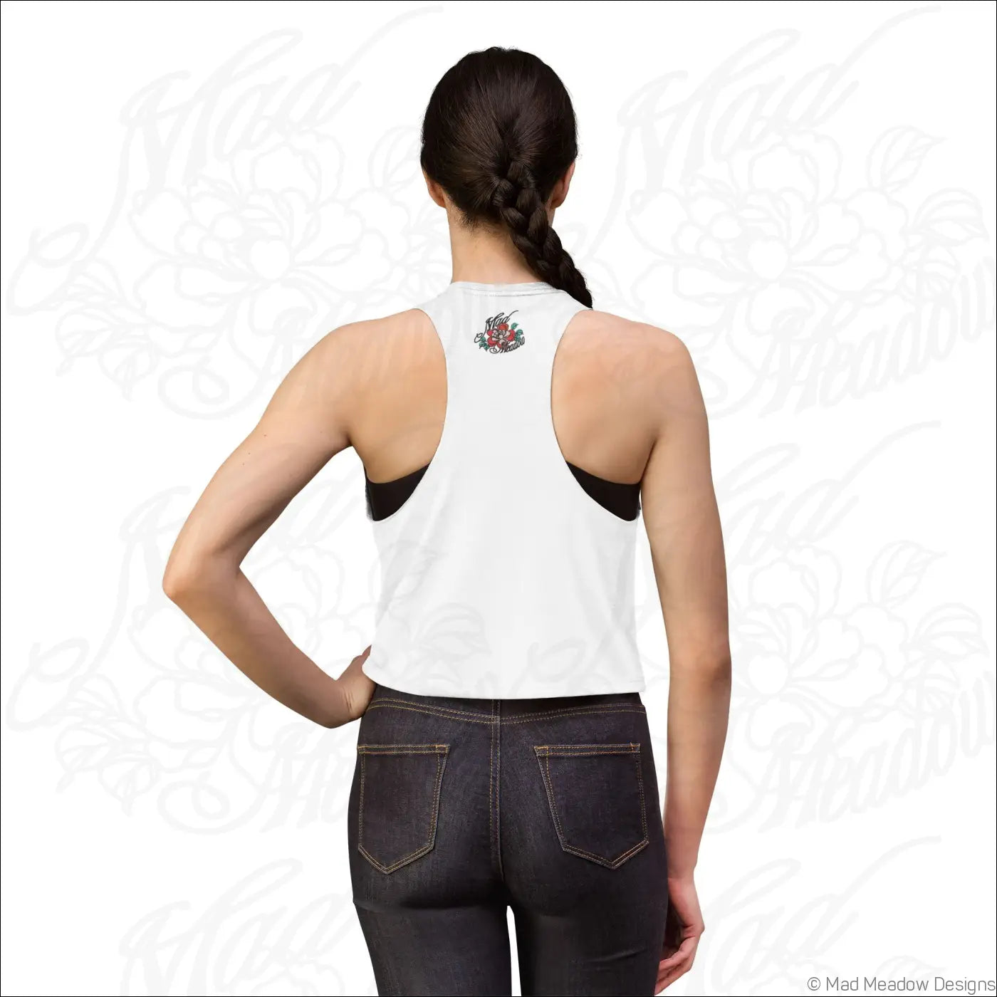 Back view of white racerback all-seeing eye triangle crop top with black side panels and floral embroidery in combed ring-spun cotton