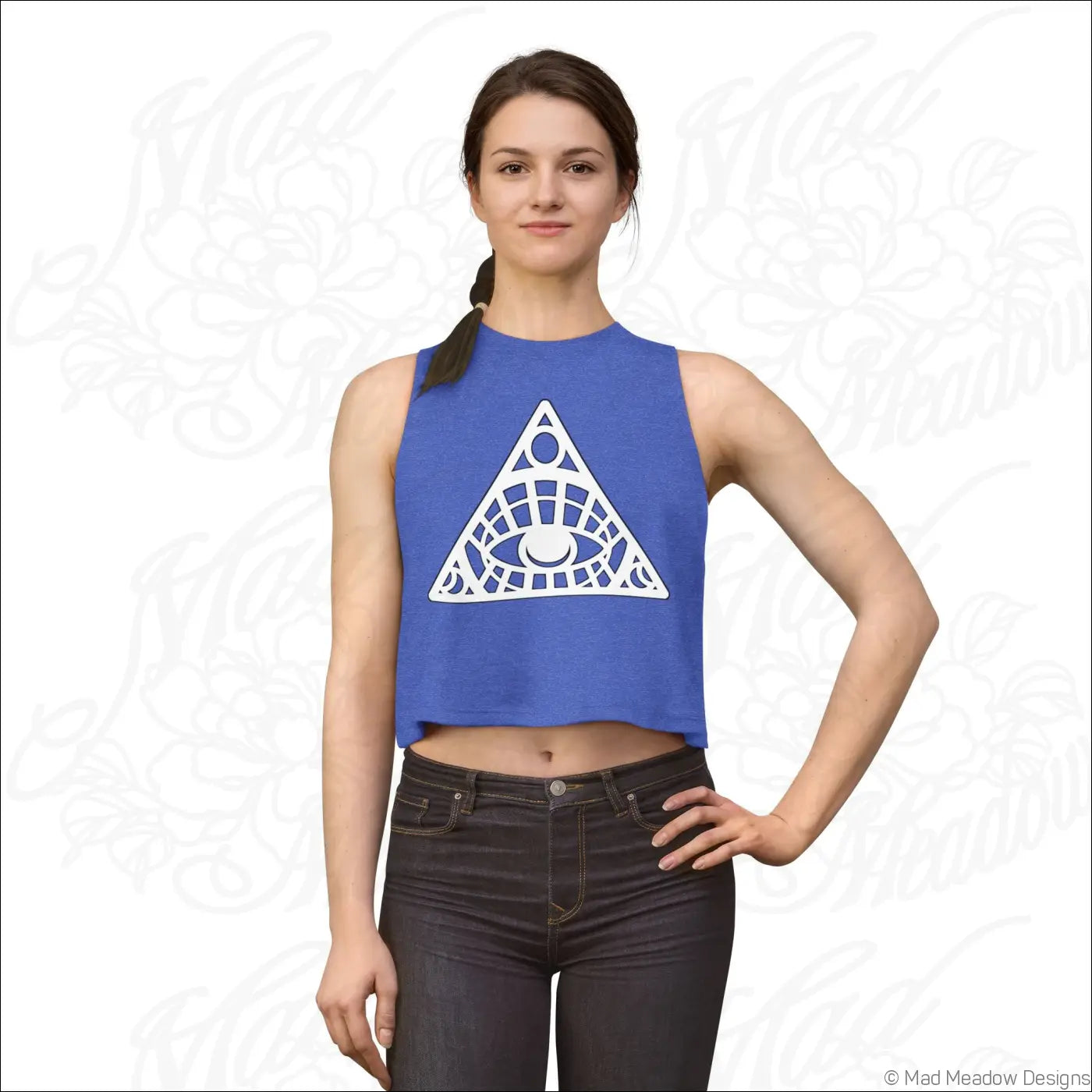 Blue sleeveless crop top with white all-seeing eye triangle design made of soft combed ring-spun cotton