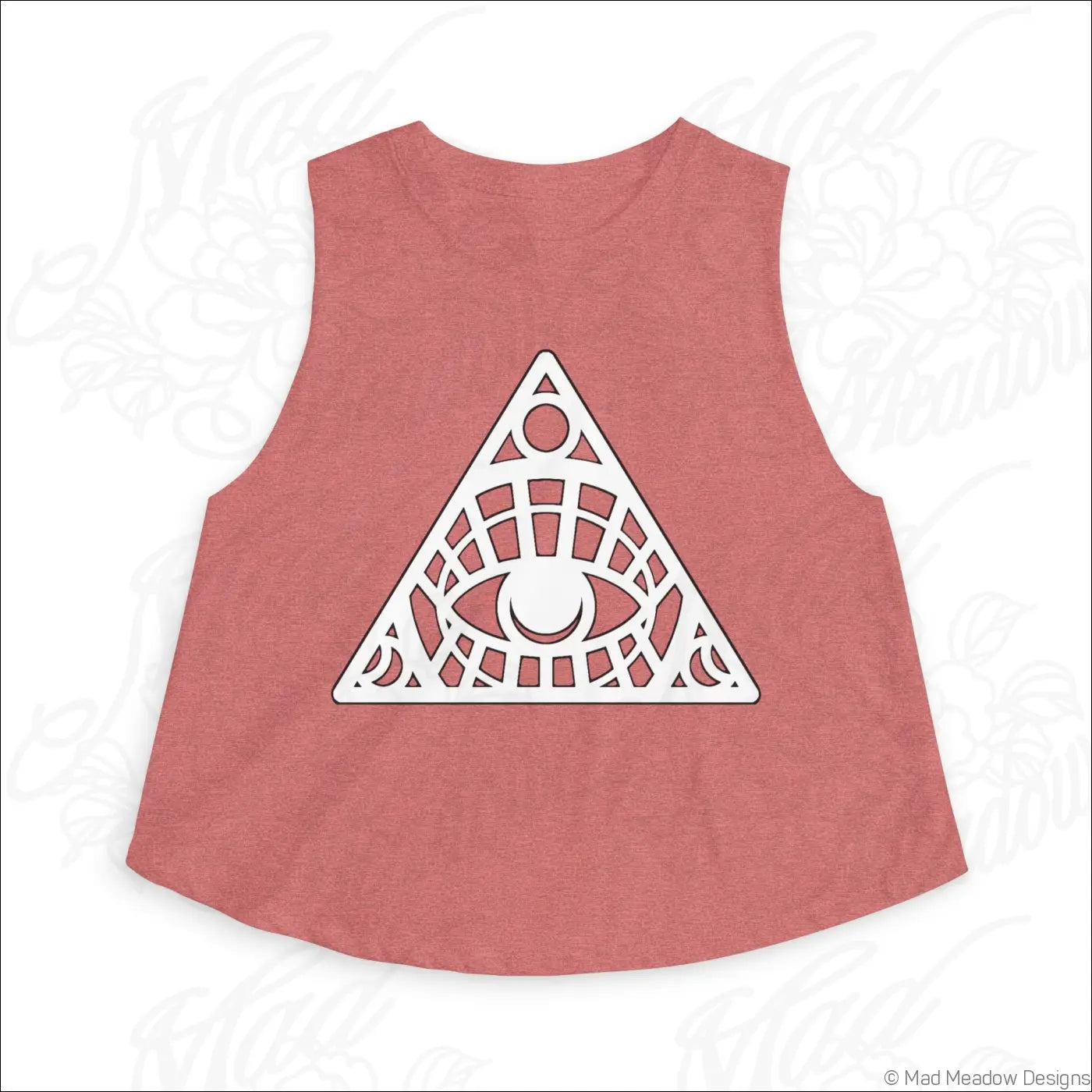 Pink heathered sleeveless crop top with white geometric eye design made of soft combed ring-spun cotton