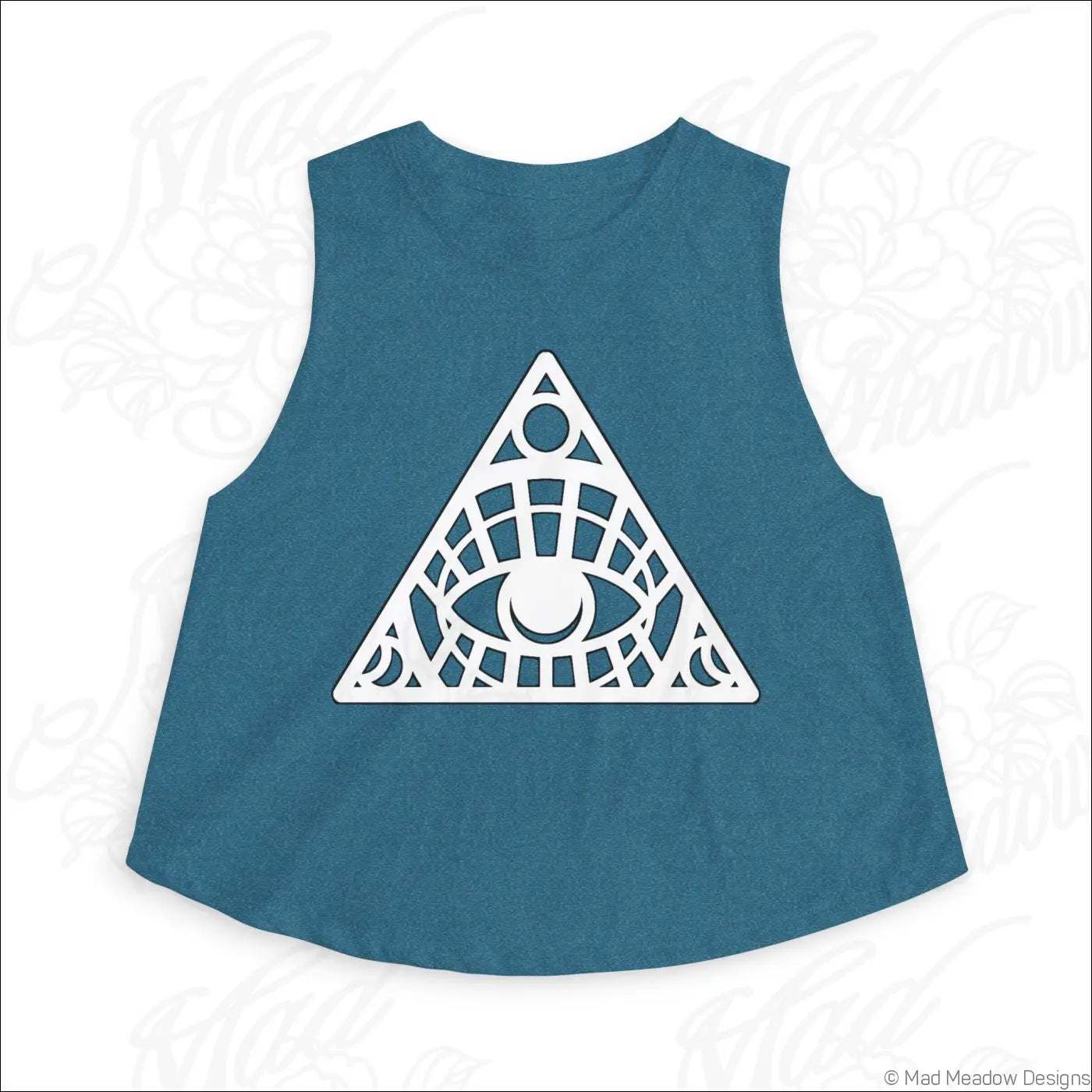 A teal sleeveless women’s crop top with a white geometric eye design made from soft combed ring-spun cotton