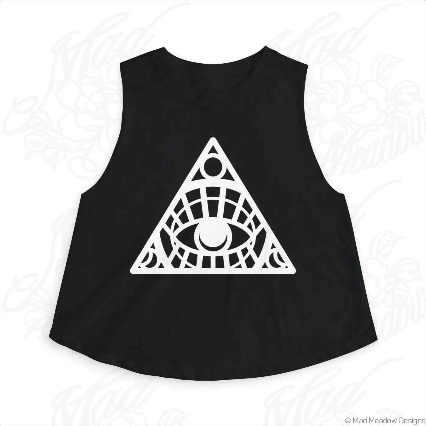 Black sleeveless crop top with white geometric all-seeing eye design made from soft combed ring-spun cotton