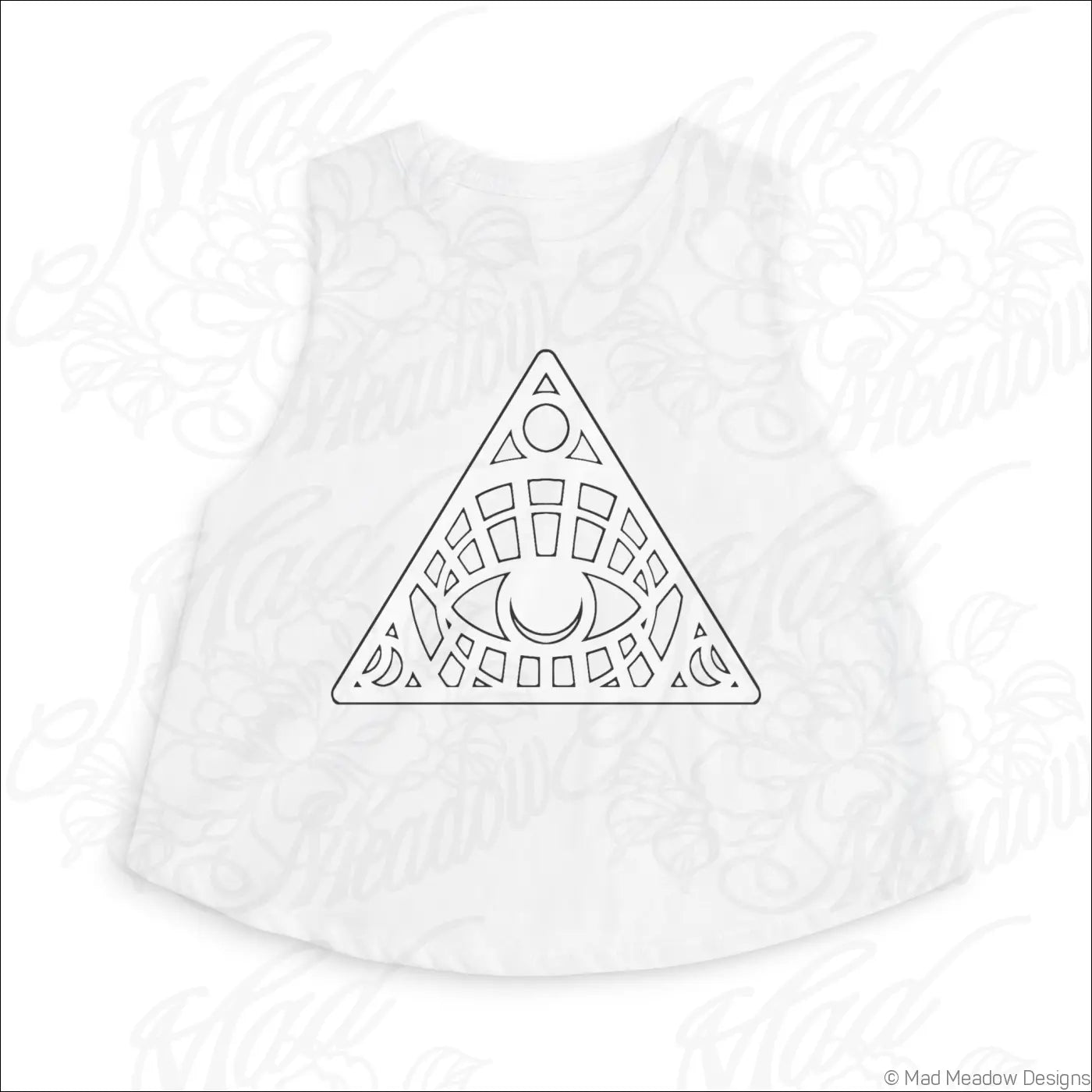 White sleeveless crop top with black eye triangle design made of soft combed ring-spun cotton for women