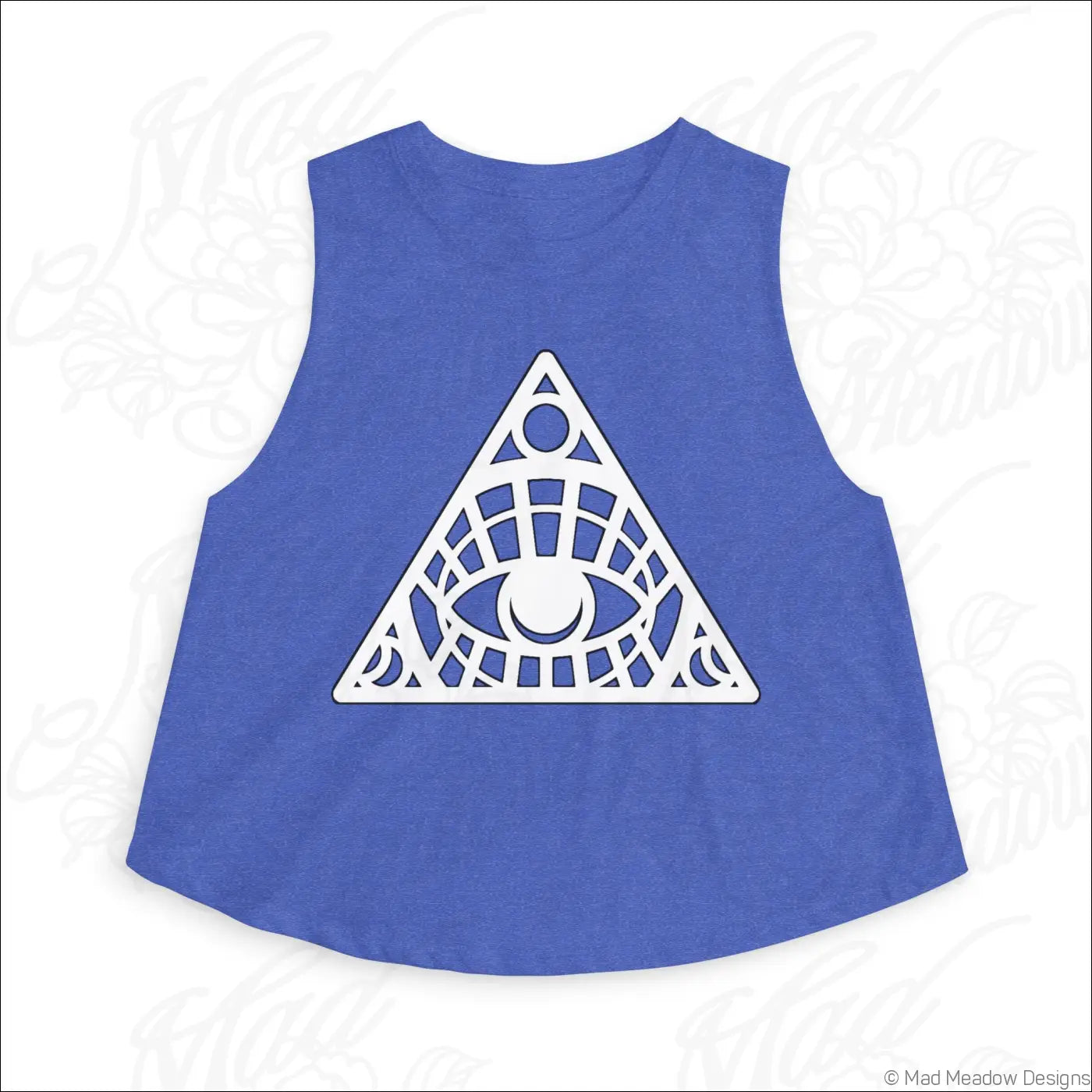 Blue sleeveless all-seeing eye triangle crop top made from soft combed ring-spun cotton for women