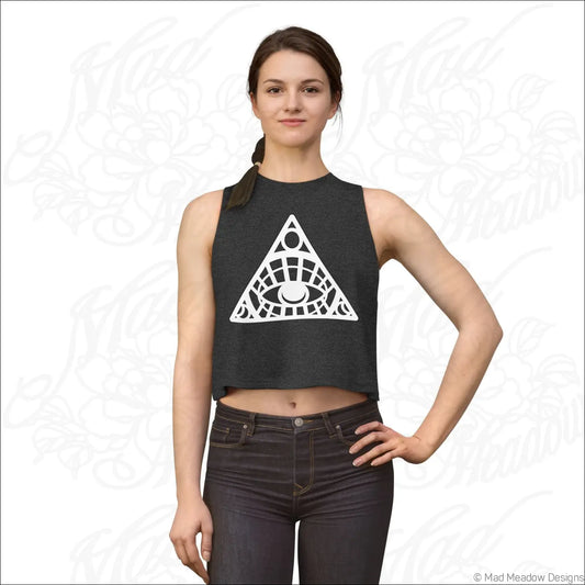 Black sleeveless crop top with white all-seeing eye triangle design made from soft combed ring-spun cotton