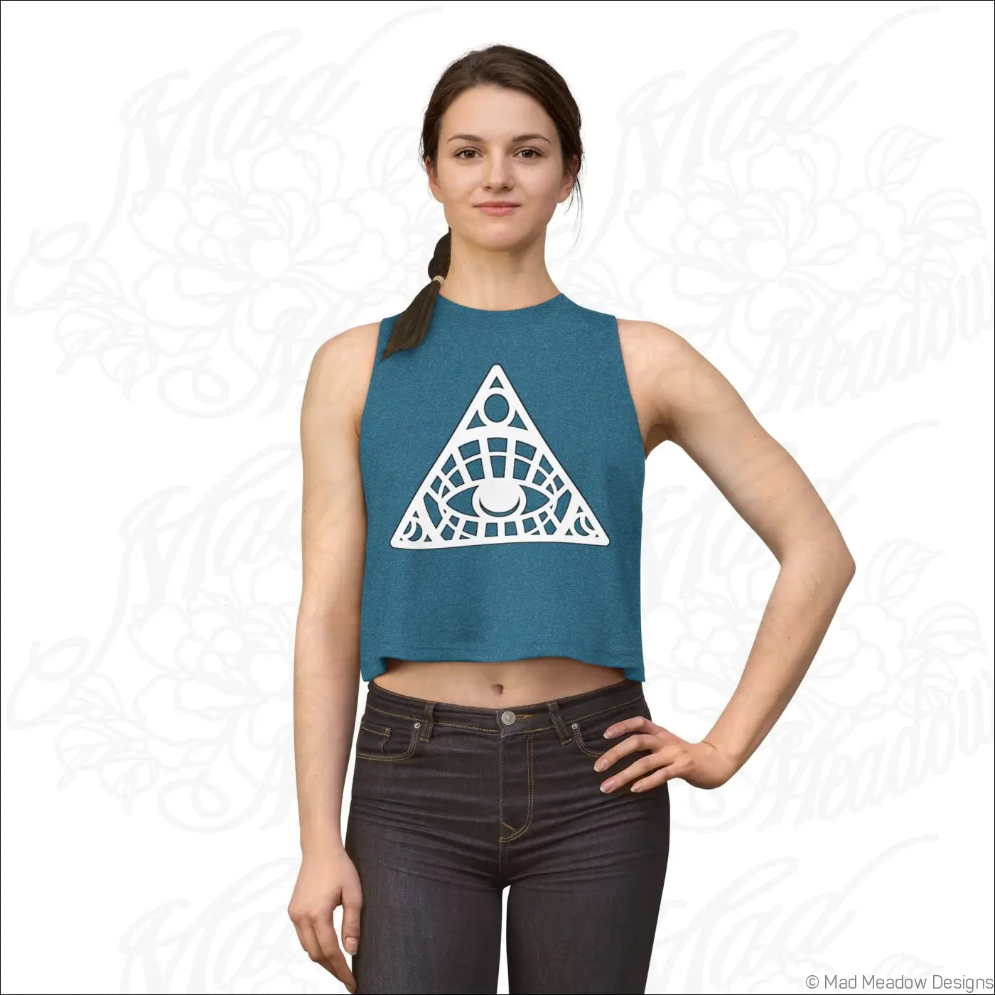 Teal sleeveless crop top with white all-seeing eye triangle design made of soft combed ring-spun cotton