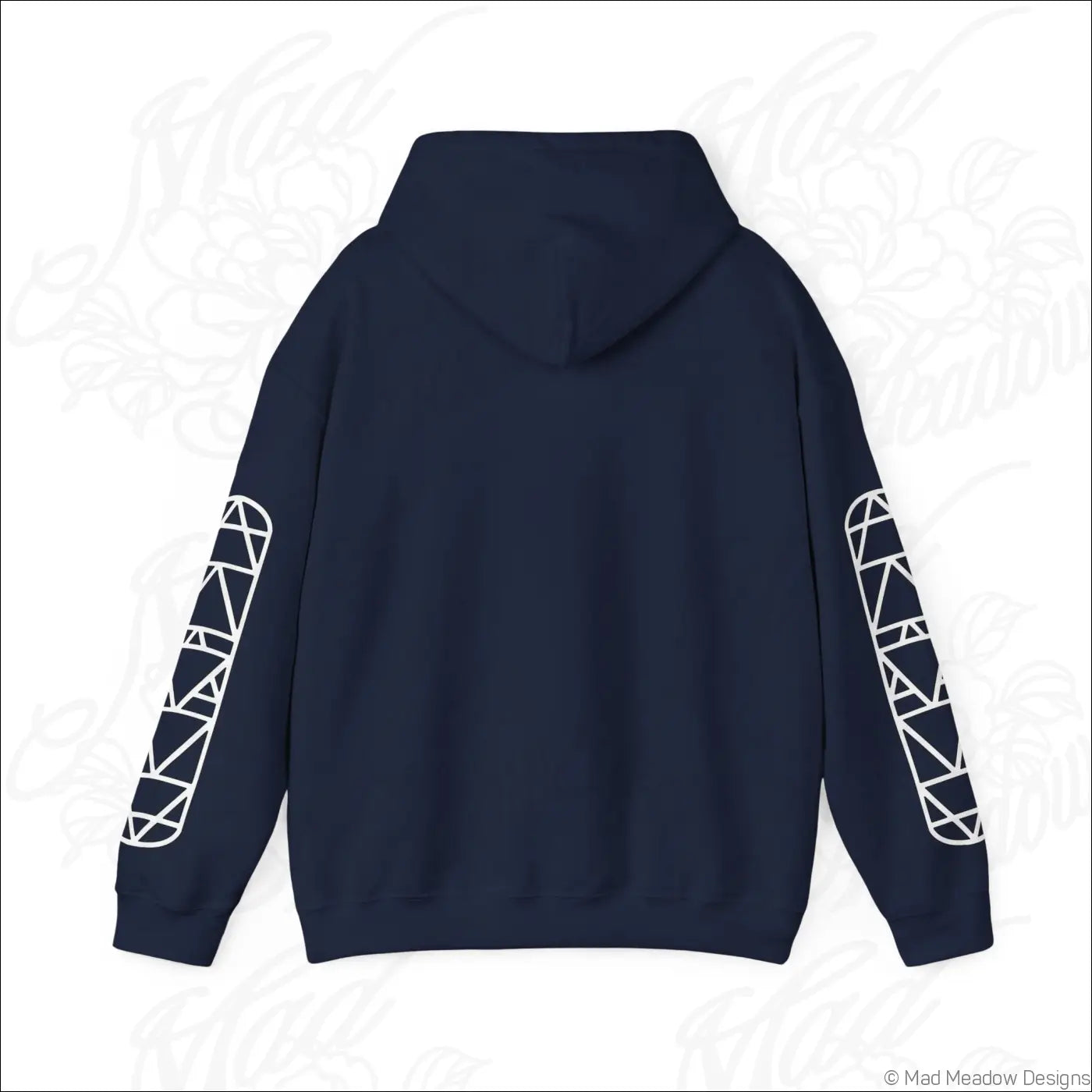 Navy blue all-seeing eye triangle hoodie with white geometric sleeve patterns and kangaroo pouch, tumble dry safe