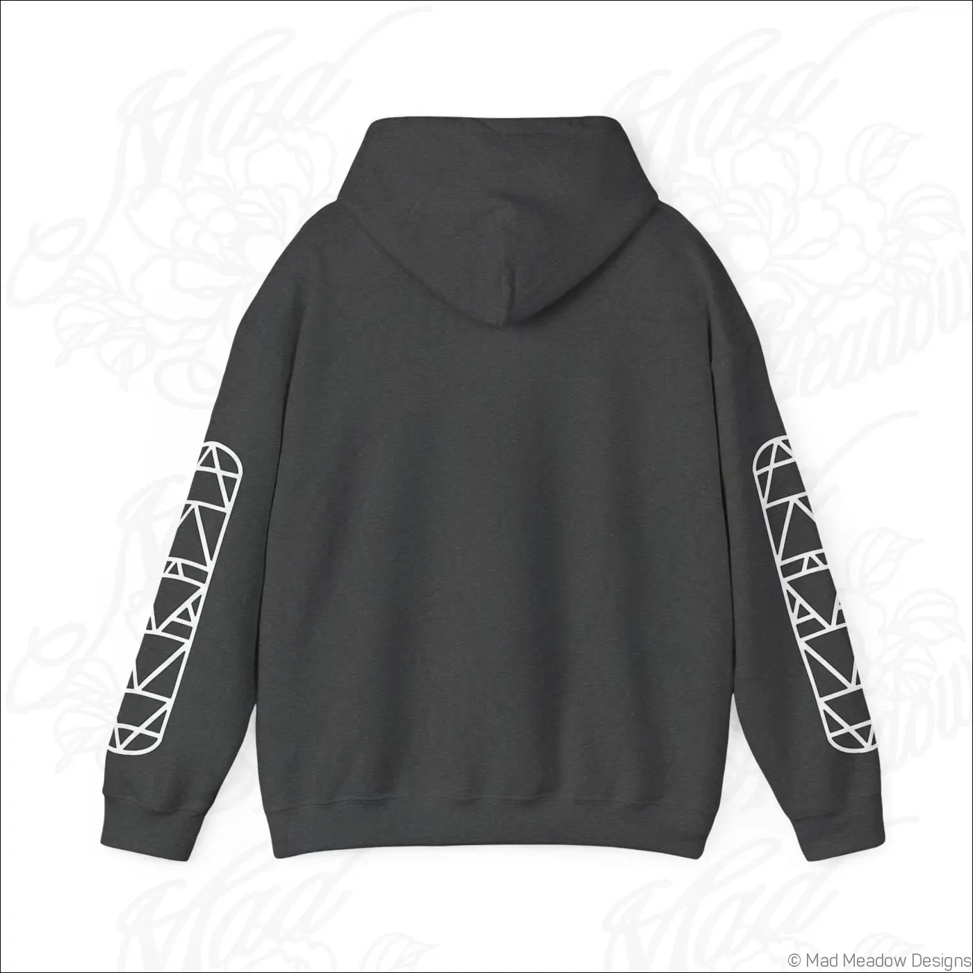 Dark gray all-seeing eye triangle hoodie with white geometric patterns and kangaroo pouch, tumble dry care instructions