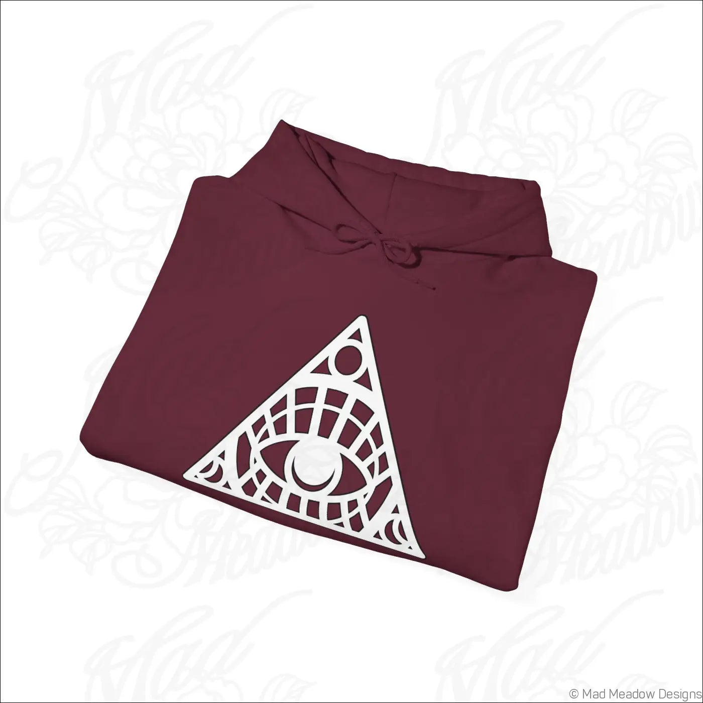 Maroon all-seeing eye triangle hoodie with white geometric eye design and kangaroo pouch, care instructions suggest tumble dry low