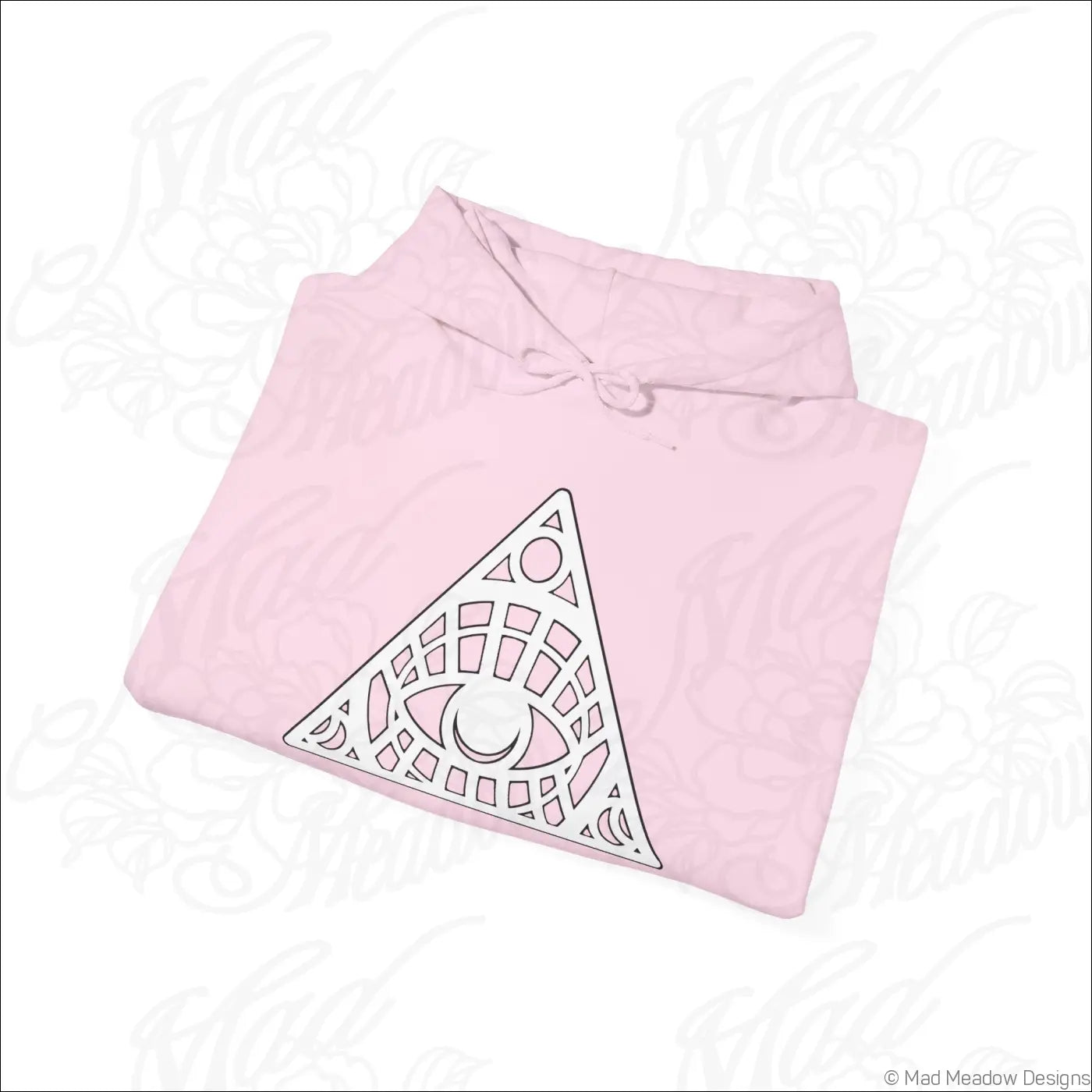 A soft pink all-seeing eye triangle hoodie with white geometric design and kangaroo pouch tumble dry safe