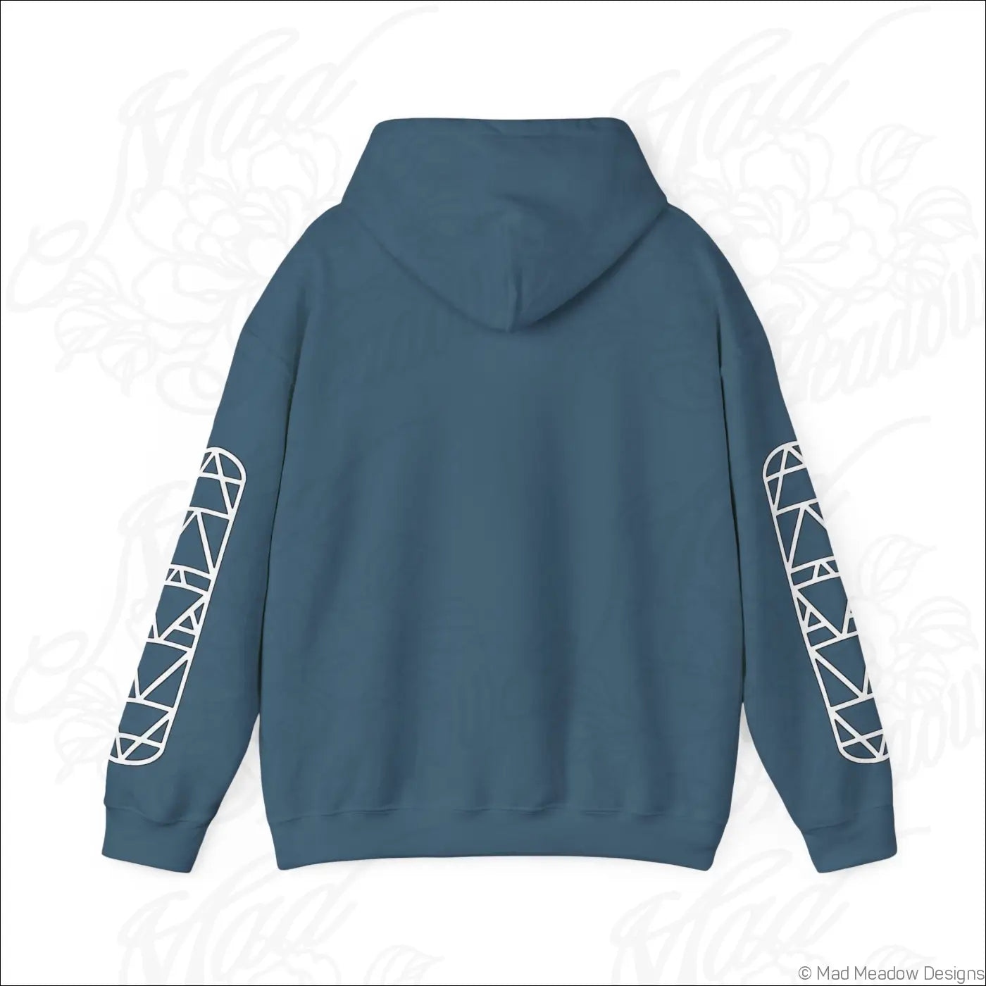 Navy blue all-seeing eye triangle hoodie with white geometric sleeve patterns and a kangaroo pouch, tumble dry safe