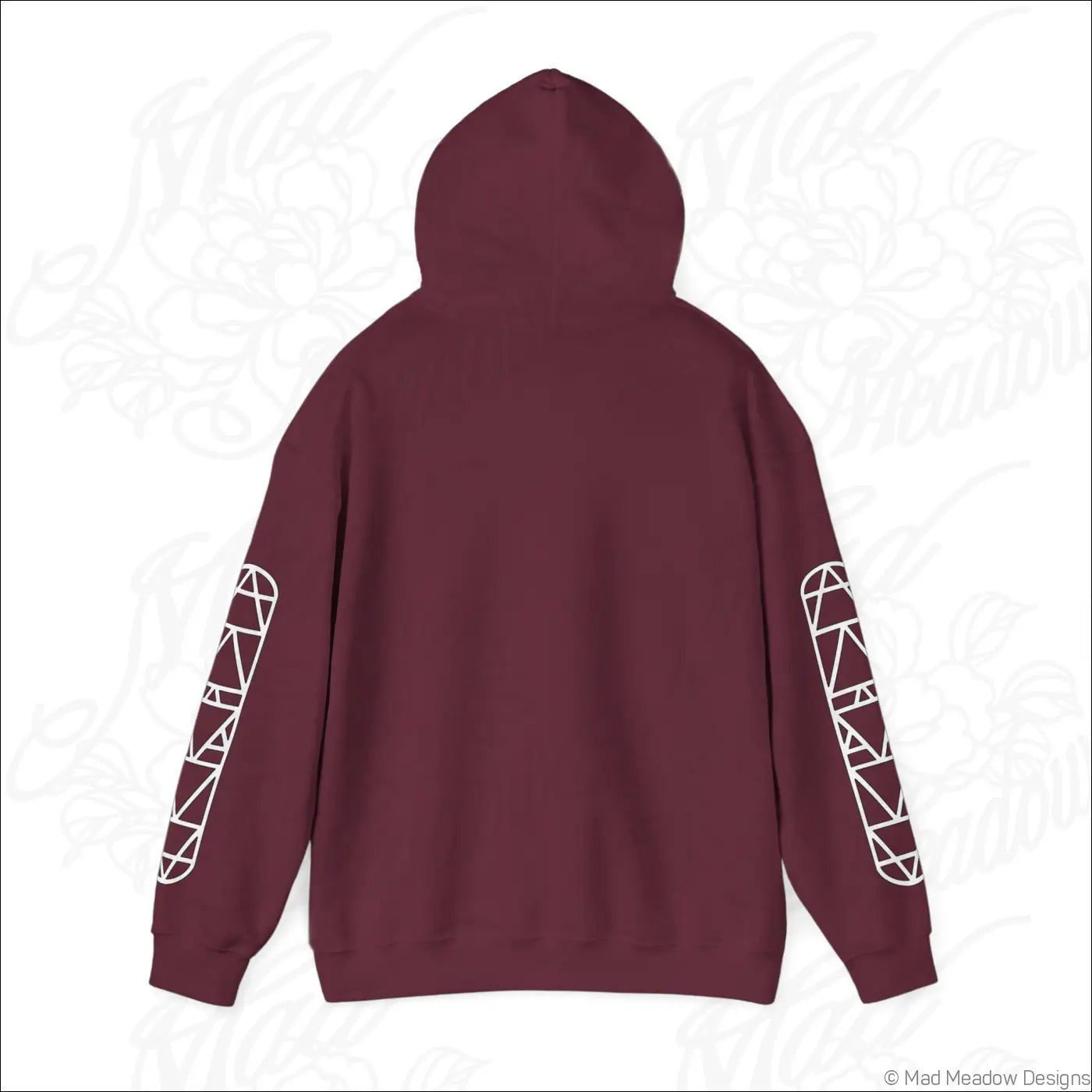 Maroon all-seeing eye triangle hoodie with white geometric sleeve patterns and cozy kangaroo pouch, easy care instructions tumble dry