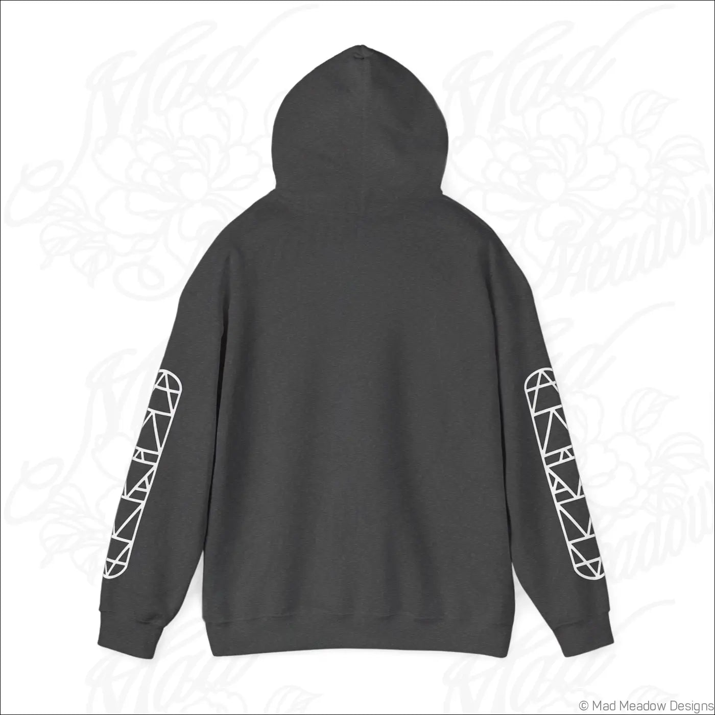 Dark gray all-seeing eye triangle hoodie with white geometric patterns on sleeves and kangaroo pouch, tumble dry safe