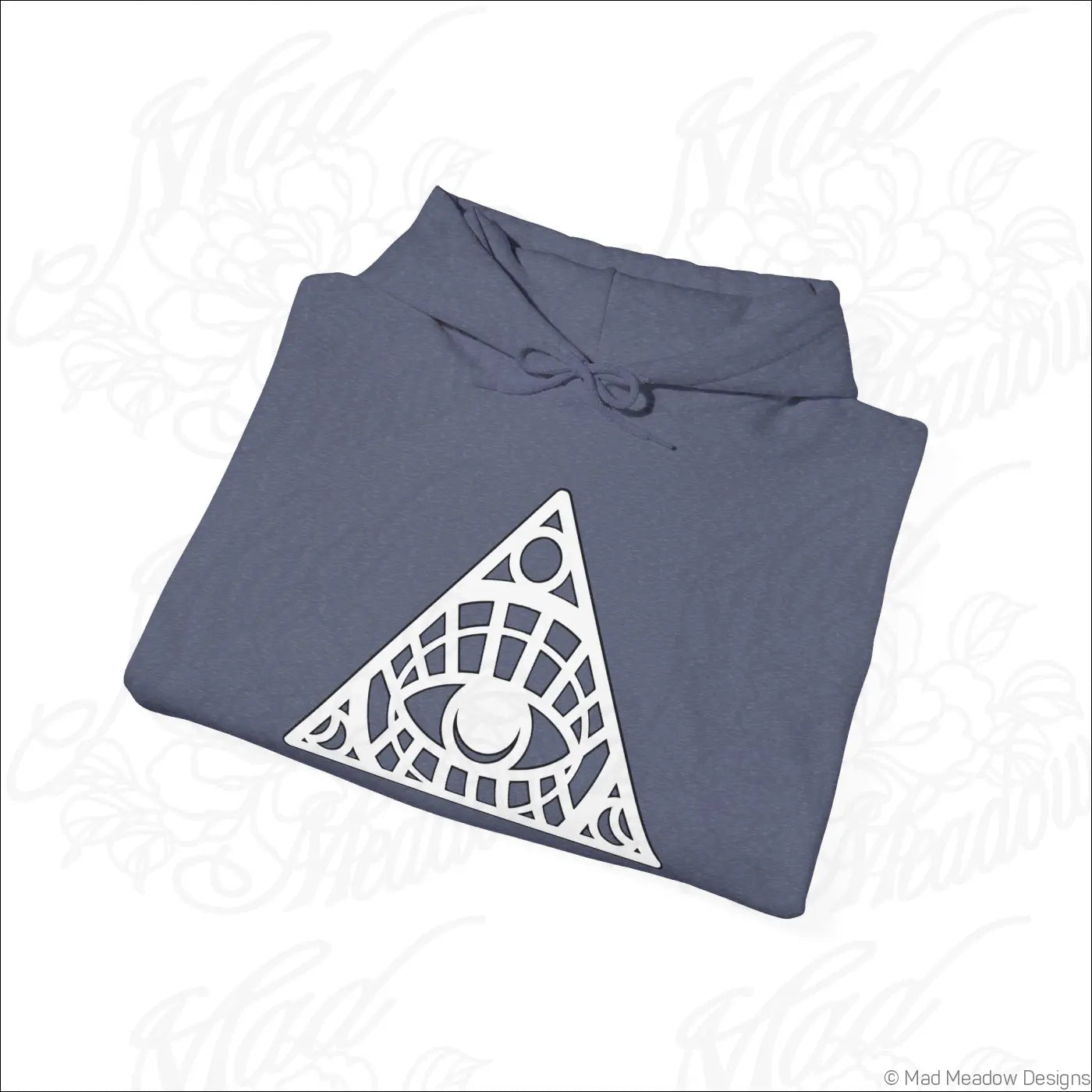 Dark gray all-seeing eye triangle hoodie with white geometric design and kangaroo pouch care instructions tumble dry safe