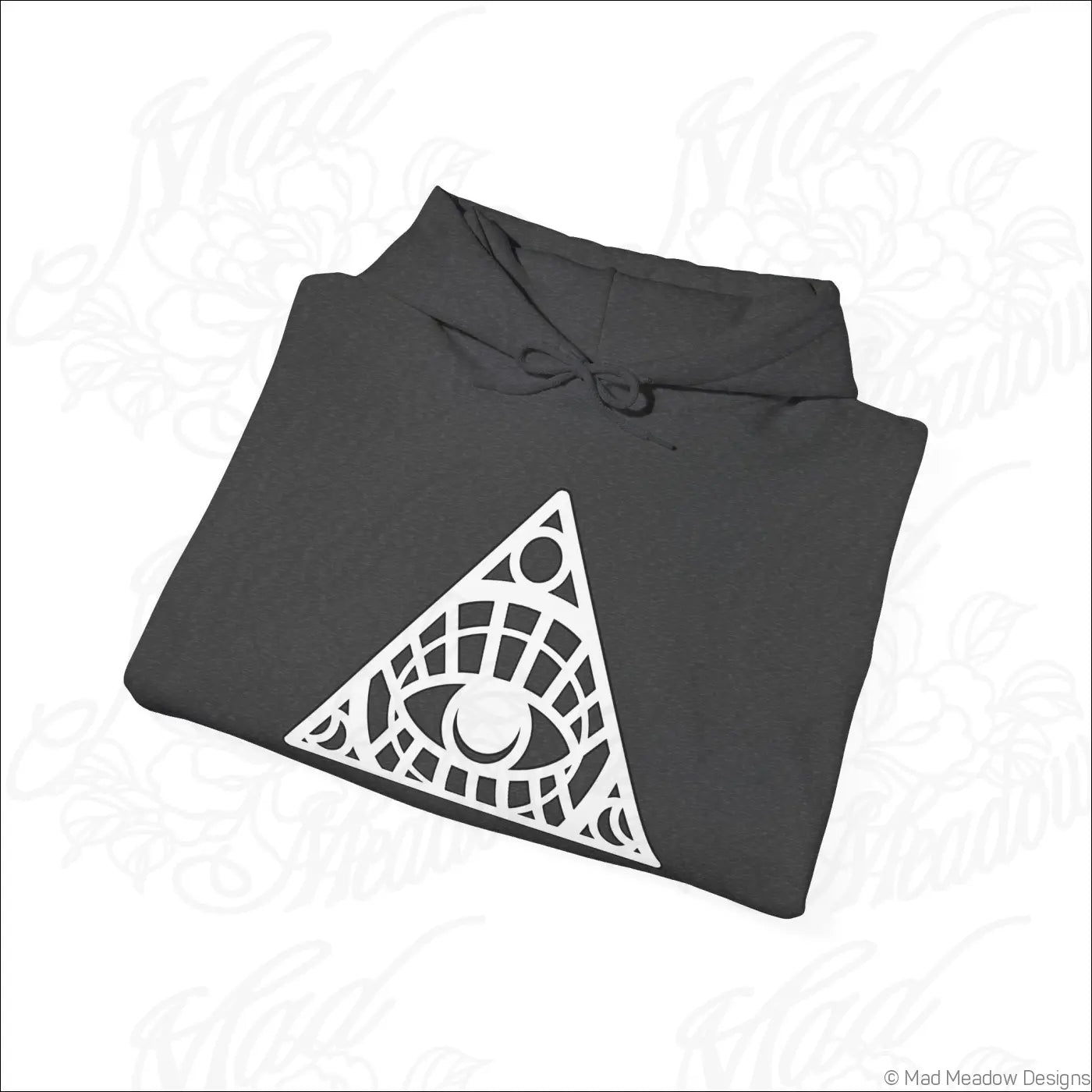 Dark gray all-seeing eye triangle hoodie with bold white geometric design and kangaroo pouch, tumble dry low care instructions