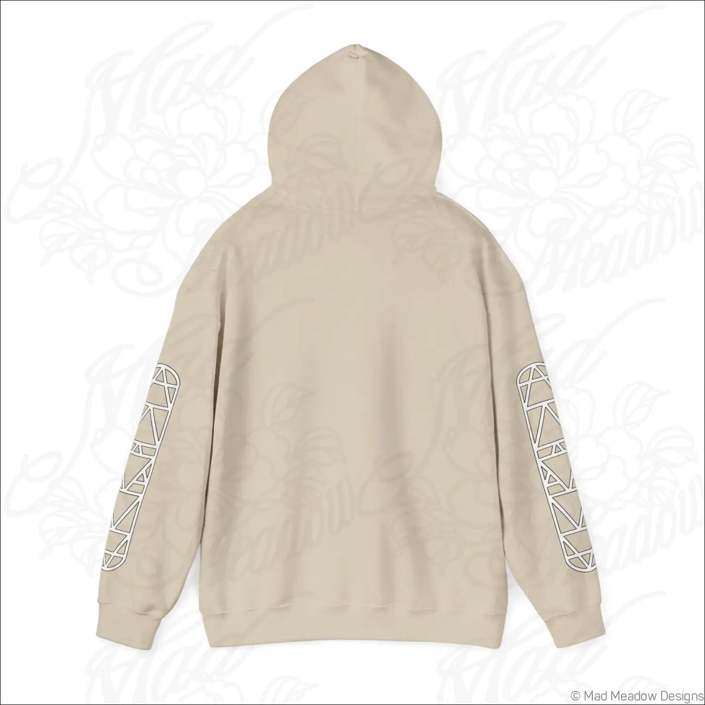 Beige all-seeing eye triangle hoodie with white geometric patterns on sleeves and kangaroo pouch for comfy wear care instructions suggest tumble dry low