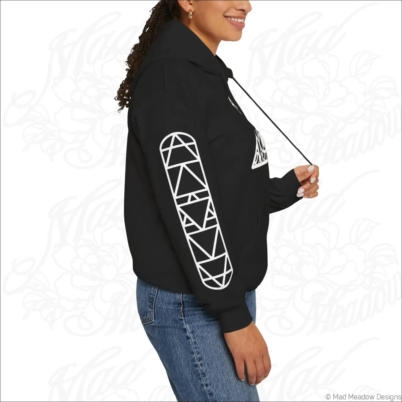 Black all-seeing eye triangle hoodie with white geometric skateboard graphic on sleeve and kangaroo pouch, tumble dry safe