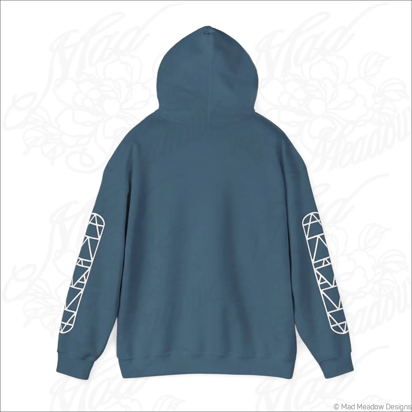Navy blue all-seeing eye triangle hoodie with white geometric sleeves and kangaroo pouch, tumble dry care instructions