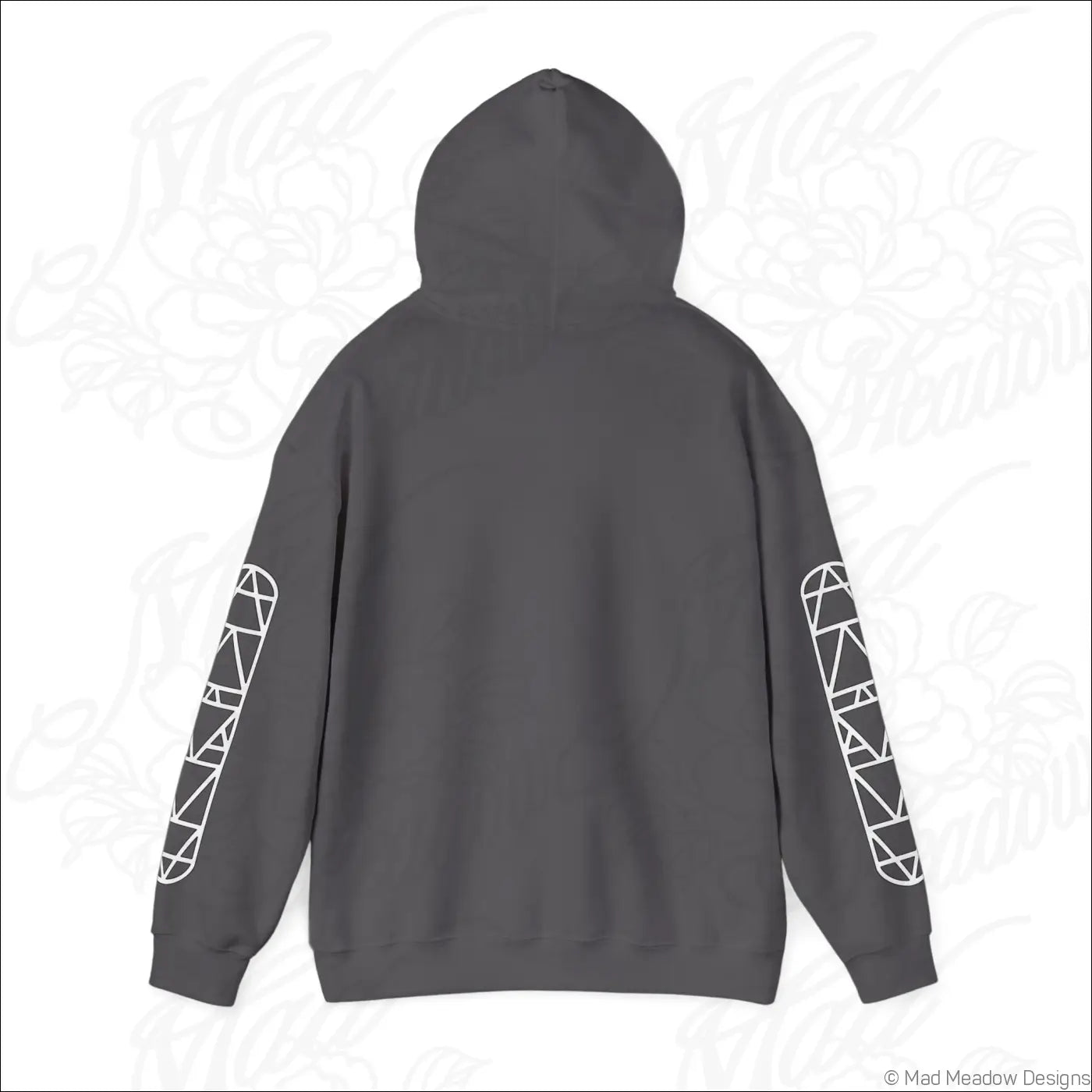 Dark gray all-seeing eye triangle hoodie with white geometric patterns on sleeves and a cozy kangaroo pouch, tumble dry safe