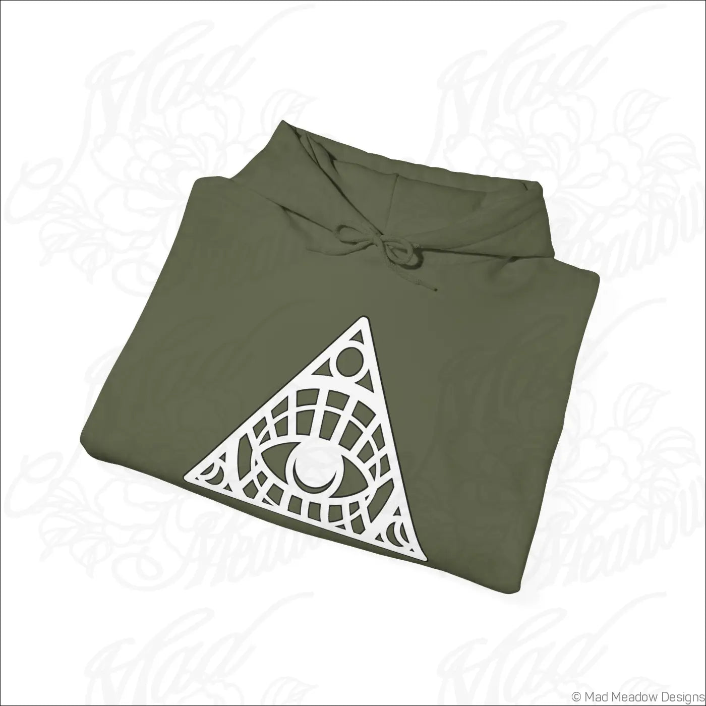 Olive green all-seeing eye triangle hoodie with white geometric design and kangaroo pouch tumble dry low care instructions