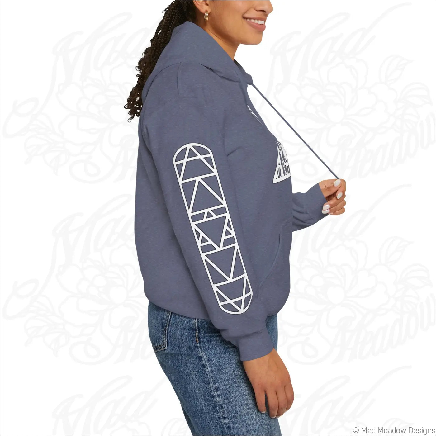A soft gray all-seeing eye triangle hoodie with white geometric skateboard graphic and kangaroo pouch tumble dry care instructions