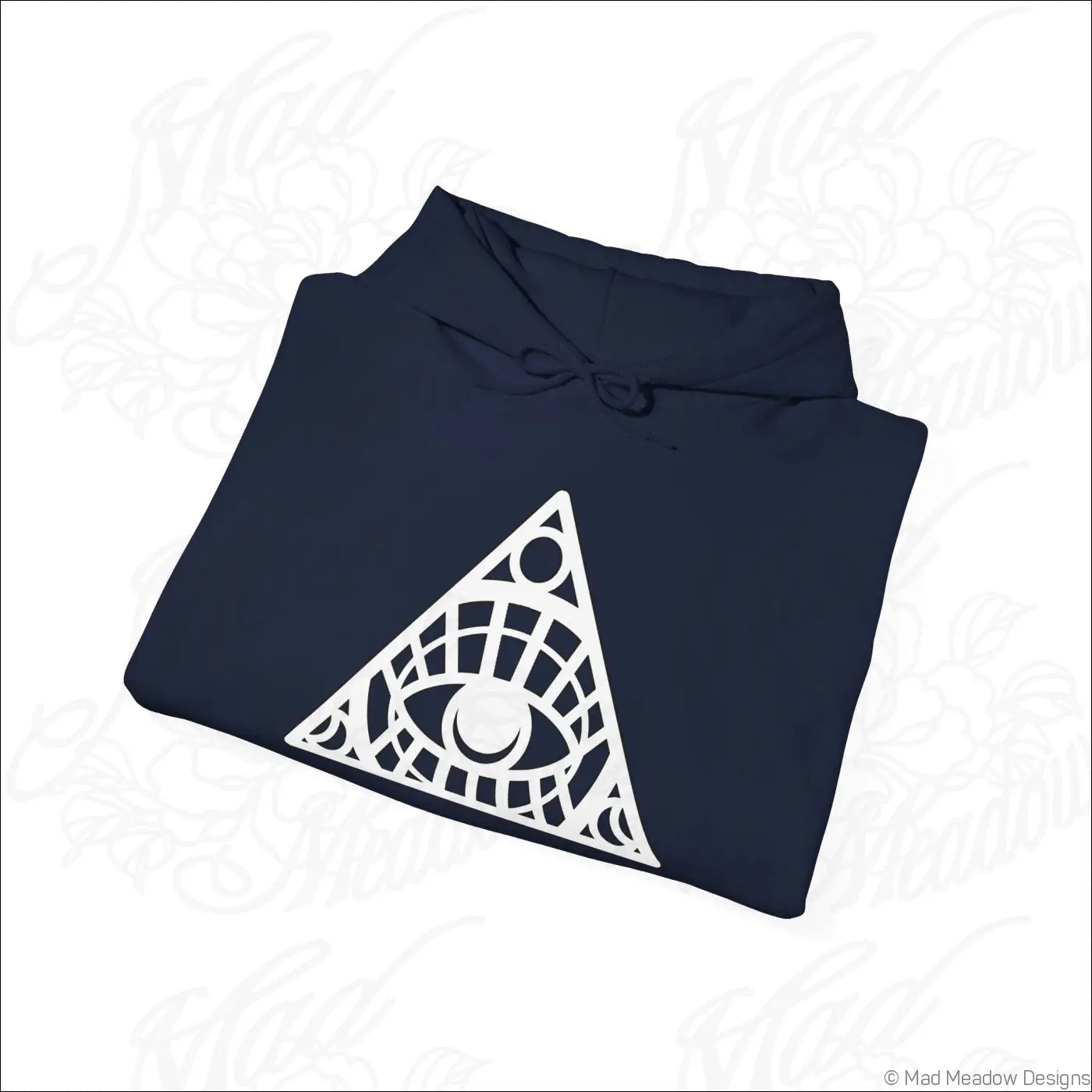 Navy blue all-seeing eye triangle hoodie with white geometric design and kangaroo pouch care instructions recommend tumble dry low