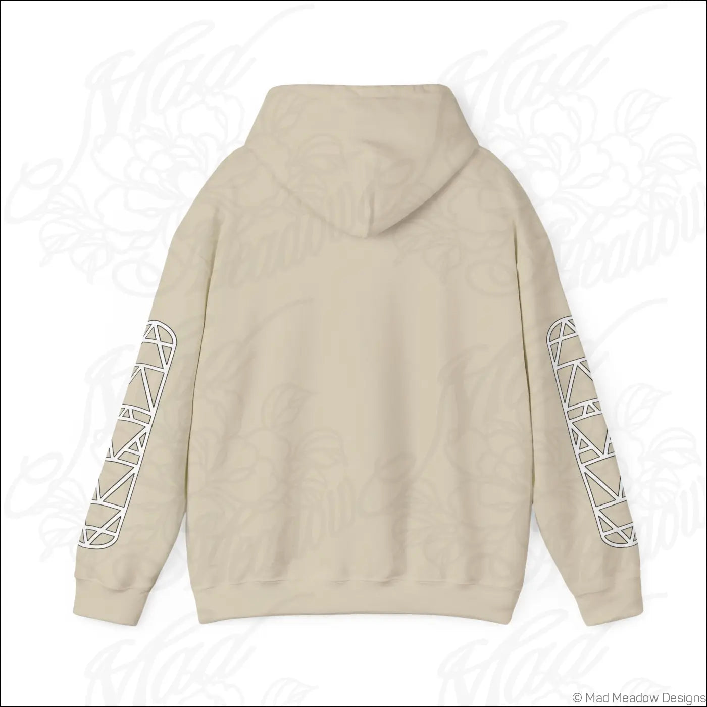 Beige all-seeing eye triangle hoodie with white geometric patterns on sleeves and kangaroo pouch tumble dry safe