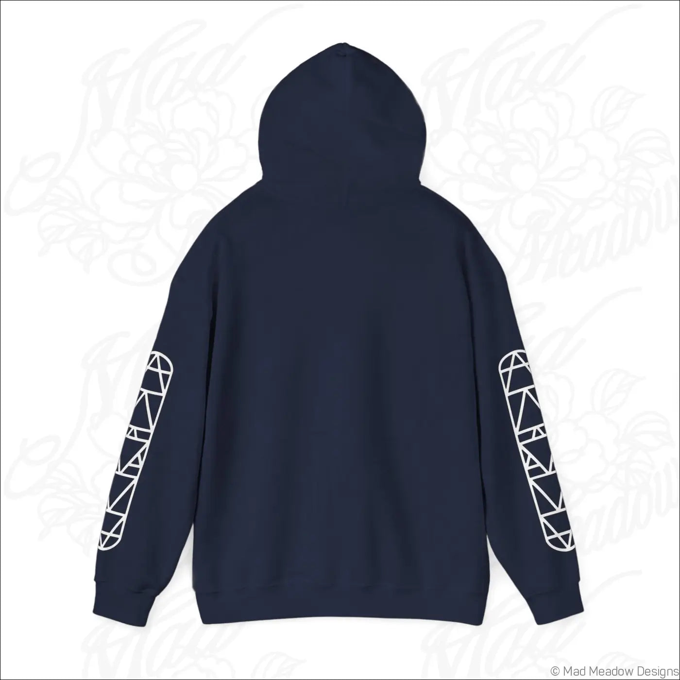 Navy blue all-seeing eye triangle hoodie with white geometric sleeve patterns and kangaroo pouch tumble dry safe