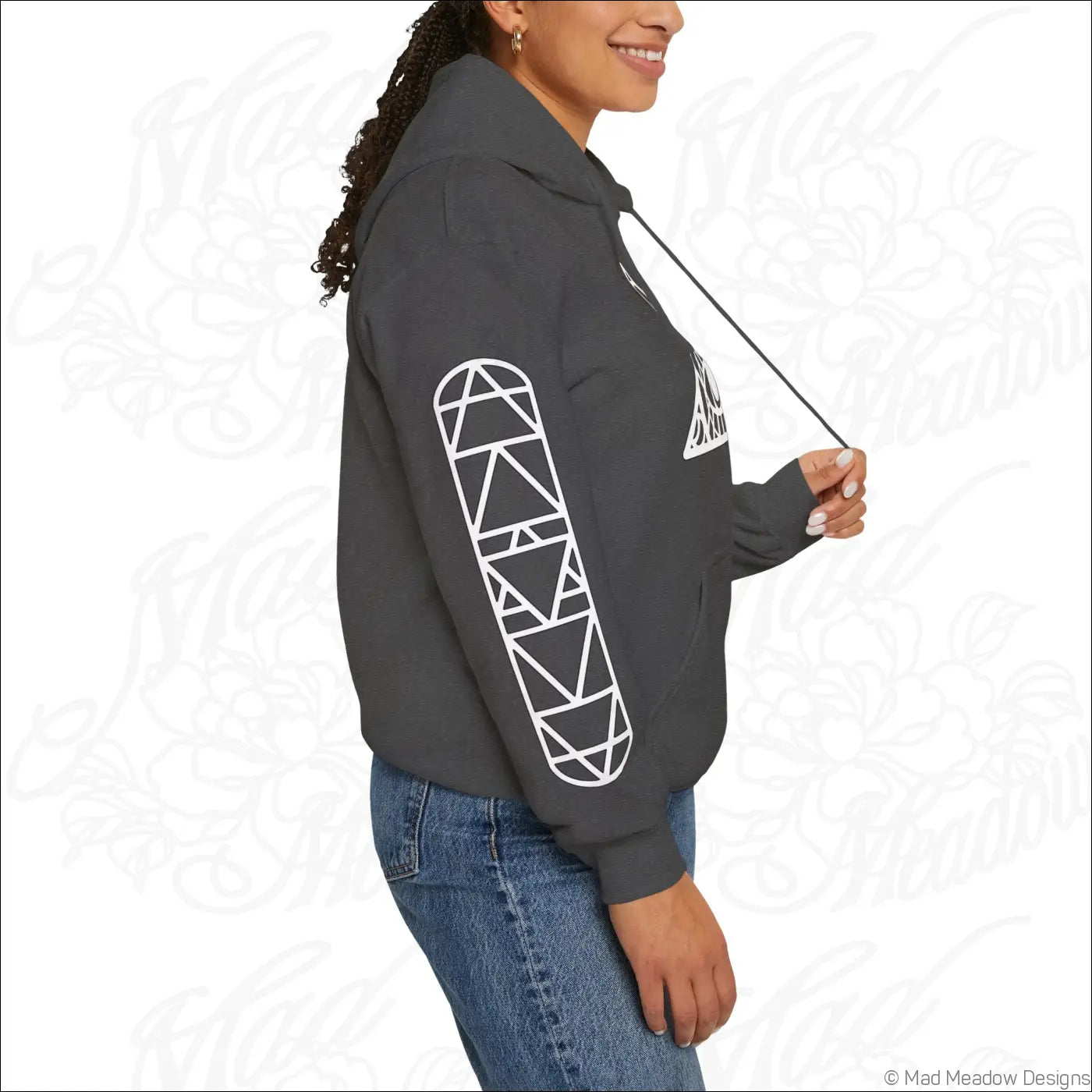 Dark gray all-seeing eye triangle hoodie with white geometric skateboard graphic and kangaroo pouch, tumble dry care instructions