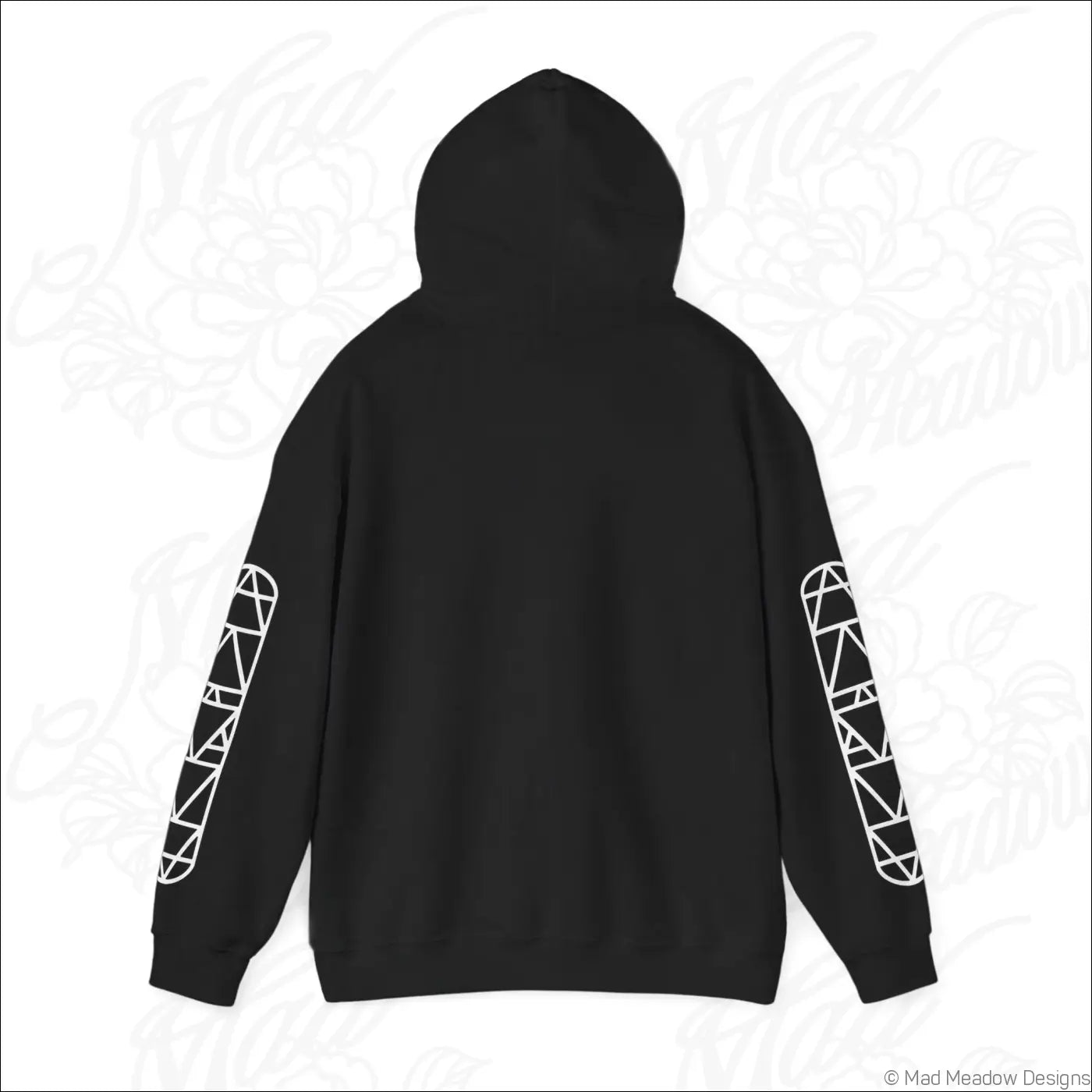 Black all-seeing eye triangle hoodie with white geometric sleeve patterns and kangaroo pouch care instructions include tumble dry