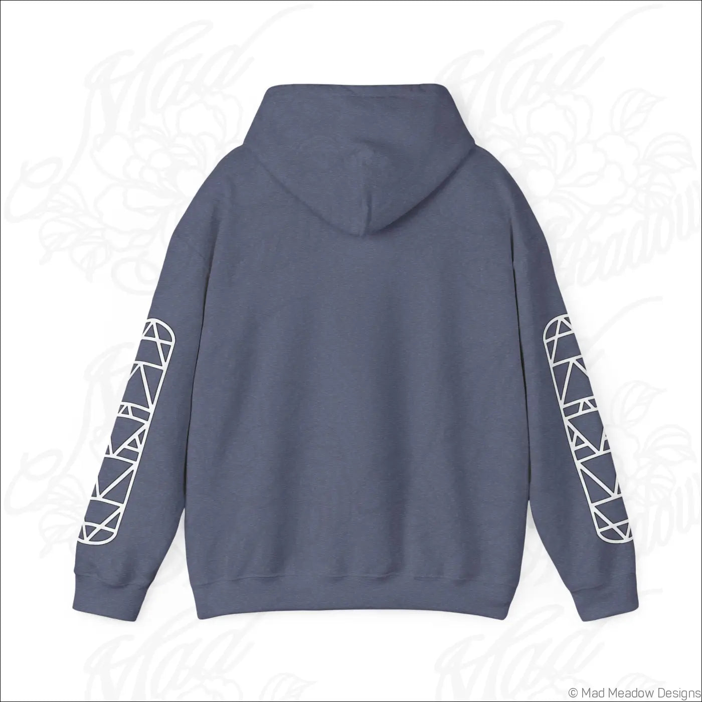 Dark gray all-seeing eye triangle hoodie with white geometric sleeve patterns and kangaroo pouch tumble dry care instructions