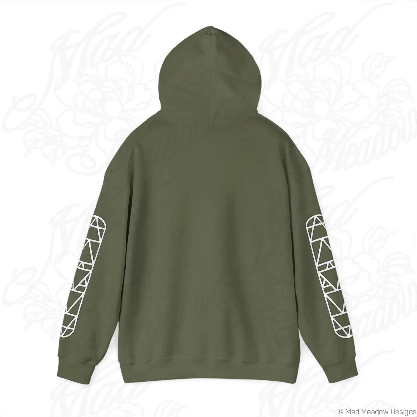 Olive green all-seeing eye triangle hoodie with white geometric patterns and kangaroo pouch tumble dry low care instructions