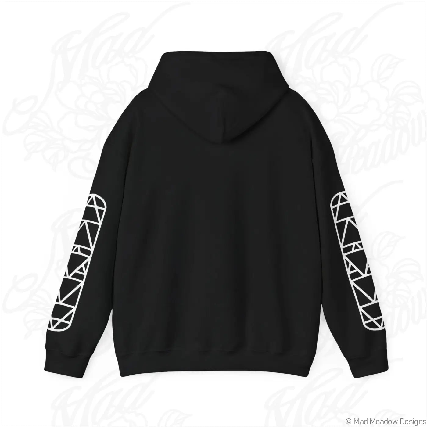 Black all seeing eye triangle hoodie with white geometric patterns on sleeves and kangaroo pouch, tumble dry safe care instructions