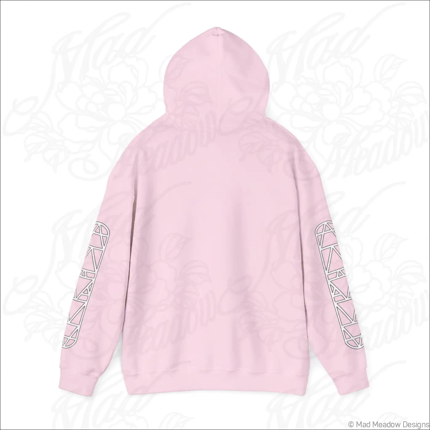 A soft pink all-seeing eye triangle hoodie with geometric line art sleeves and kangaroo pouch tumble dry care instructions