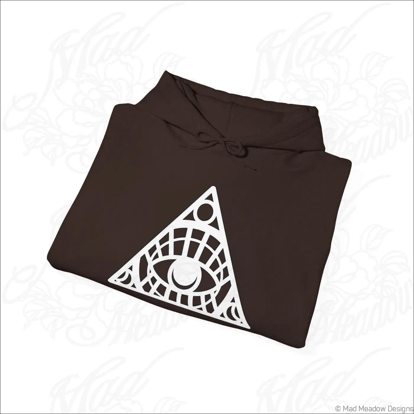 Dark brown all-seeing eye triangle hoodie with bold white geometric design and kangaroo pouch, tumble dry care instructions