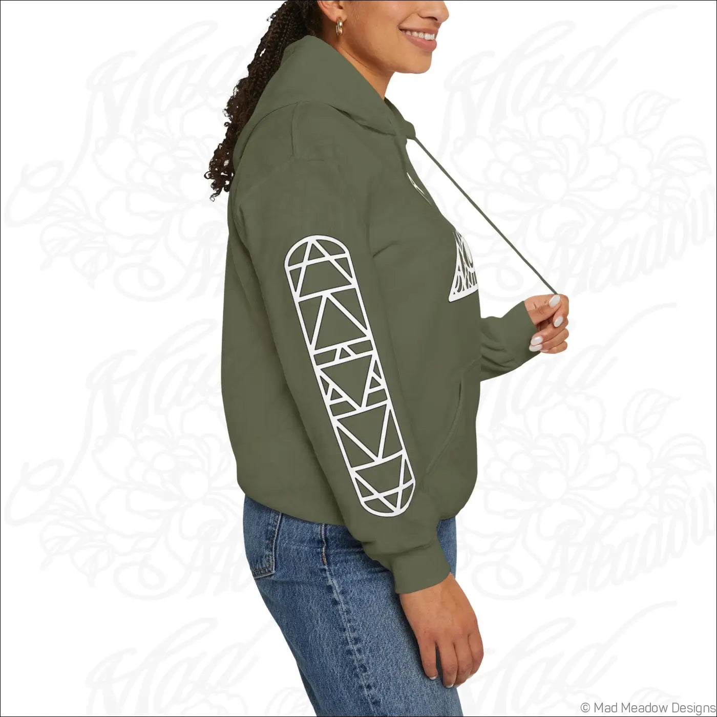 Olive green all-seeing eye triangle hoodie with white geometric skateboard graphic on sleeve and kangaroo pouch, tumble dry safe
