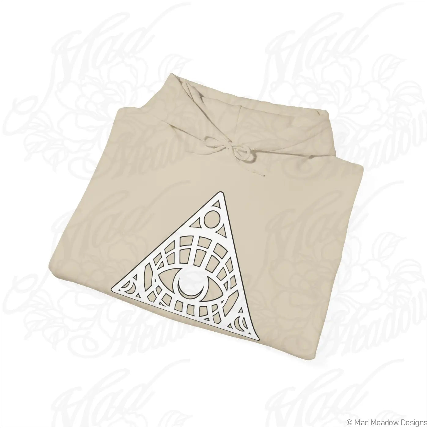 Beige all-seeing eye triangle hoodie with white geometric eye design and kangaroo pouch care instructions tumble dry