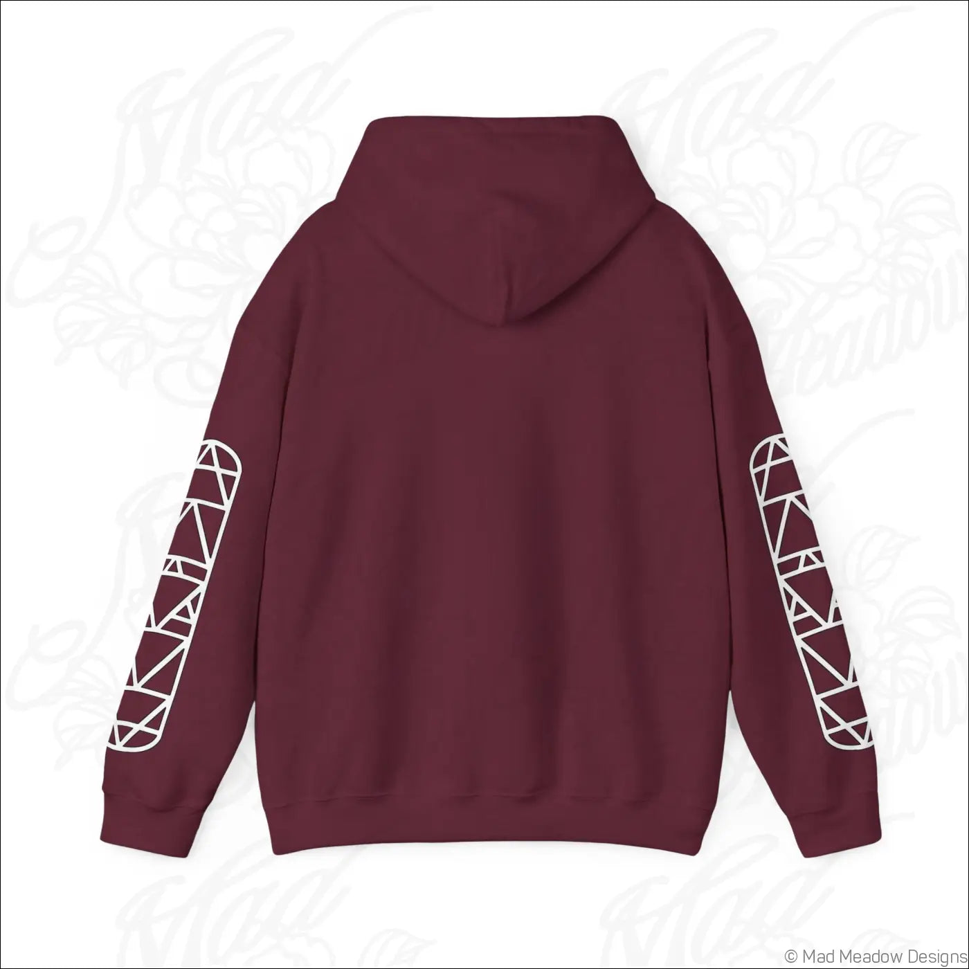 Maroon all-seeing eye triangle hoodie with white geometric sleeve patterns and kangaroo pouch care instructions tumble dry
