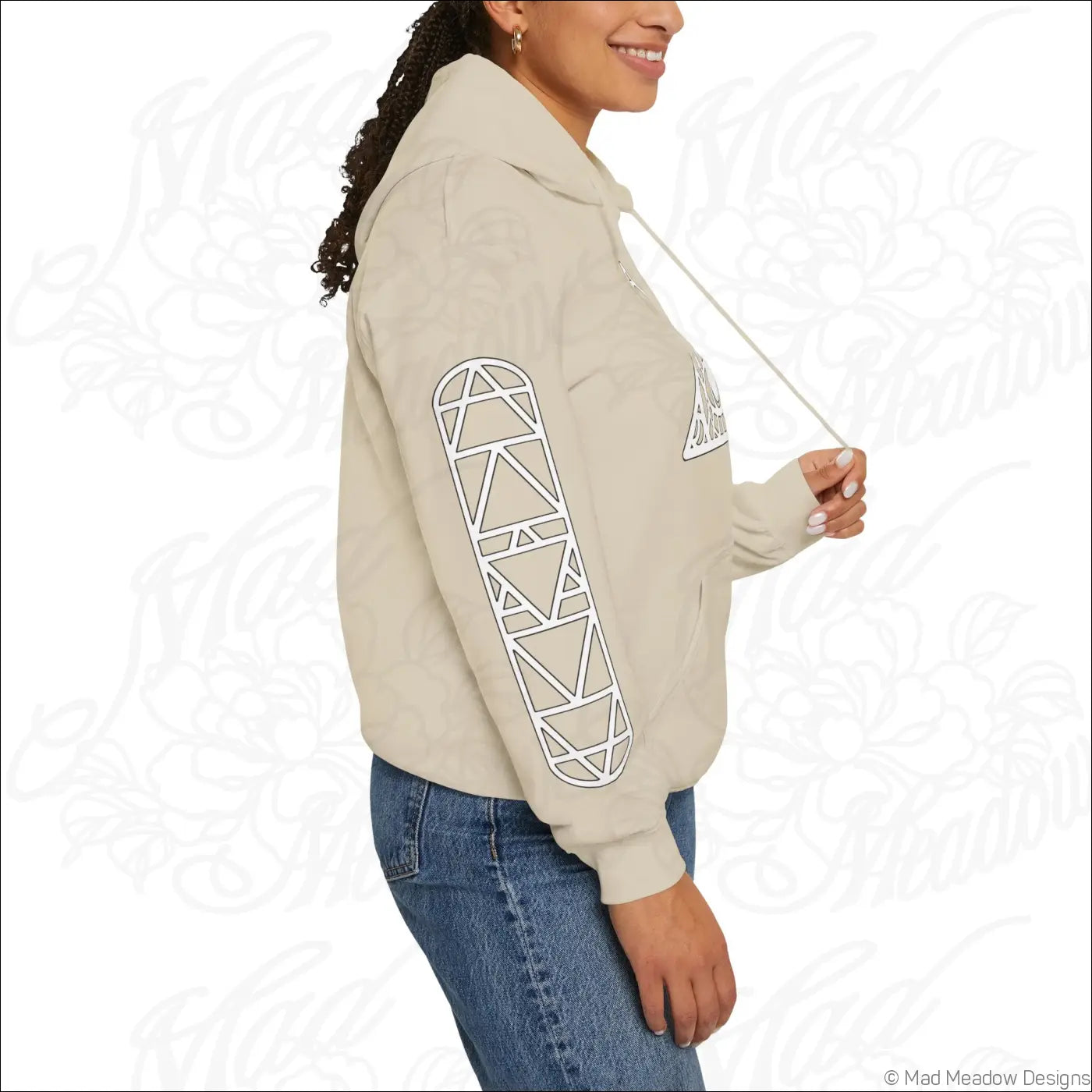 Beige all-seeing eye triangle hoodie with white geometric skateboard graphic and kangaroo pouch care instructions tumble dry