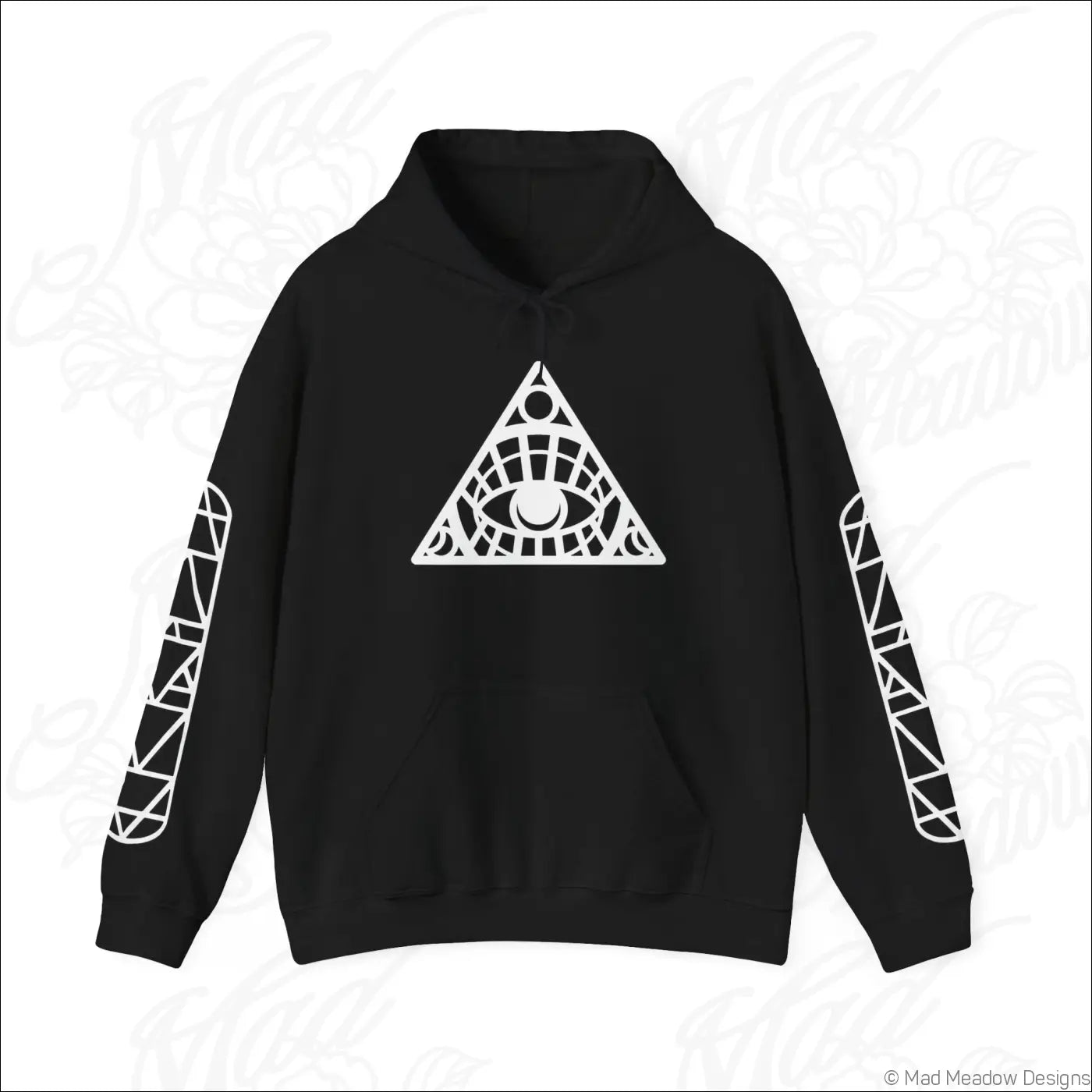 Black hoodie with a white geometric all-seeing eye triangle design, patterned sleeves, kangaroo pouch, care instructions tumble dry